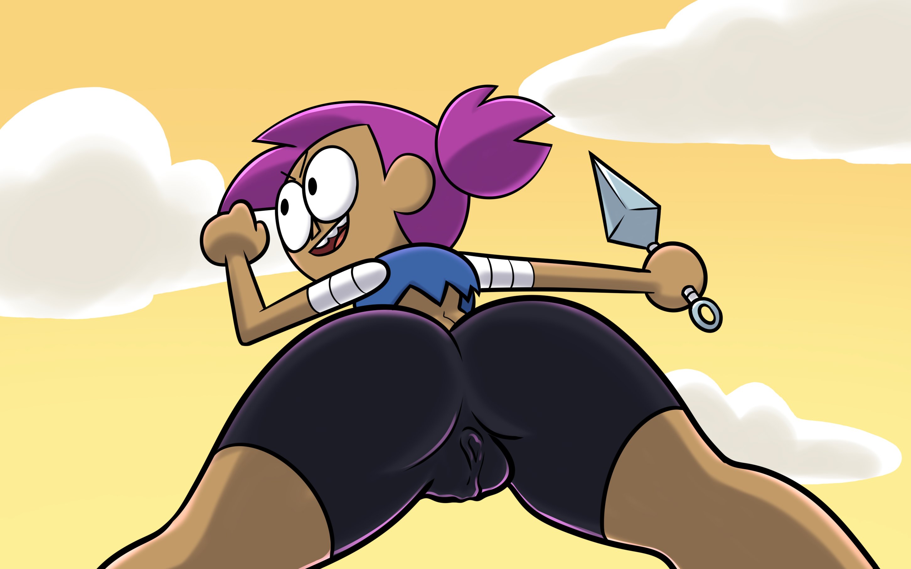 accurate art style, ass, ass focus, big ass, cameltoe, cartoon network, dezetaka, dzk, enid, female, knife, kunai, melee weapon, ok k.o.! let's be heroes, pussy, tagme, weapon