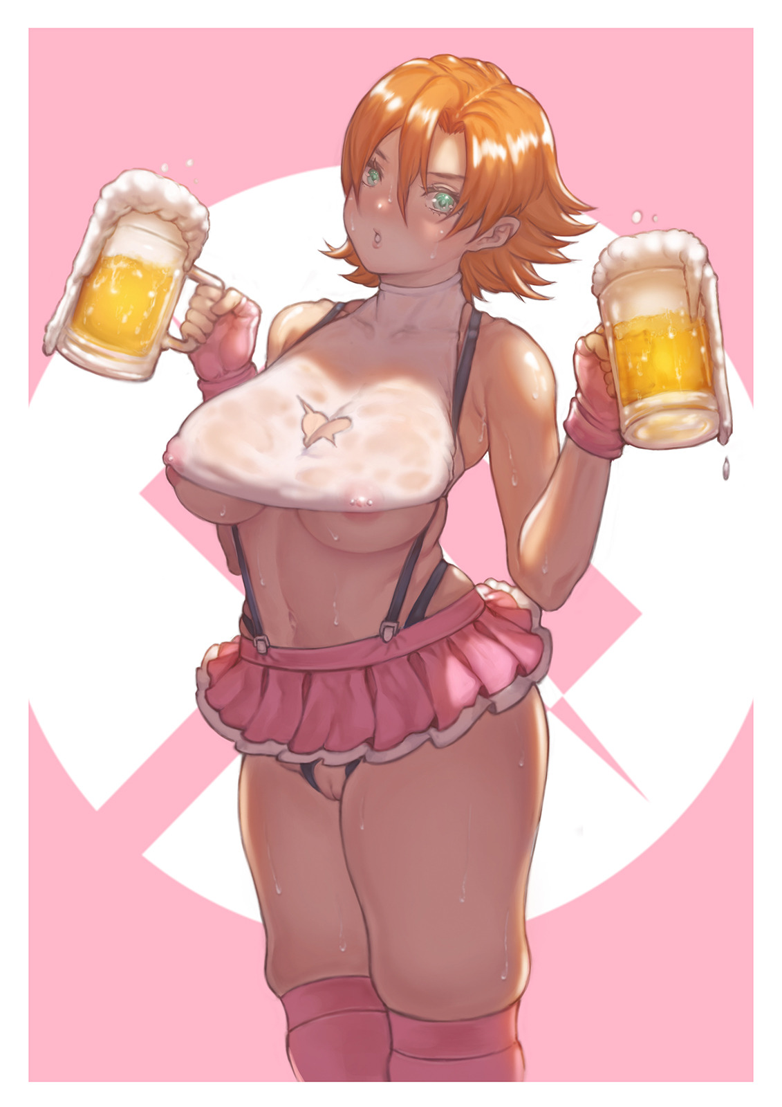 1girls, areola slip, areolae, bare shoulders, beer, big breasts, breasts, cleavage, crotchless clothes, cutout, female, female only, fingerless gloves, green eyes, halter top, halterneck, highres, microskirt, miniskirt, nipple piercing, nipples, nipples visible through clothing, nora valkyrie, orange hair, piercing, pinup, prinzkuon, pussy, rwby, short hair, skirt, solo, stockings, suspenders, sweat, underboob, voluptuous, wet clothes