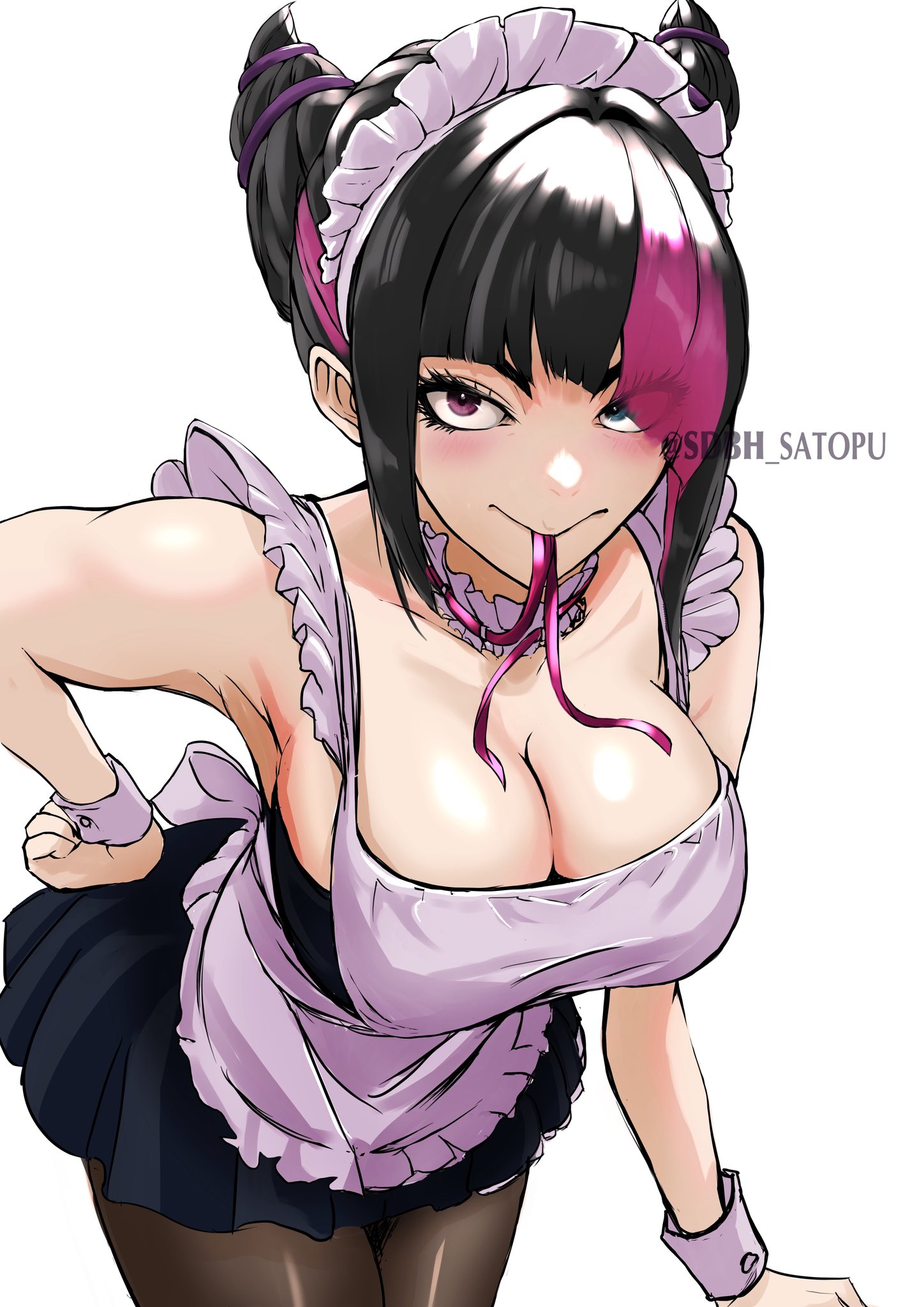 1girls, artist name, big breasts, black hair, breasts, busty, capcom, cleavage, female, hair buns, hair over one eye, heterochromia, juri han, light skin, light-skinned female, maid, maid uniform, pink streak, sdbh satopu, street fighter