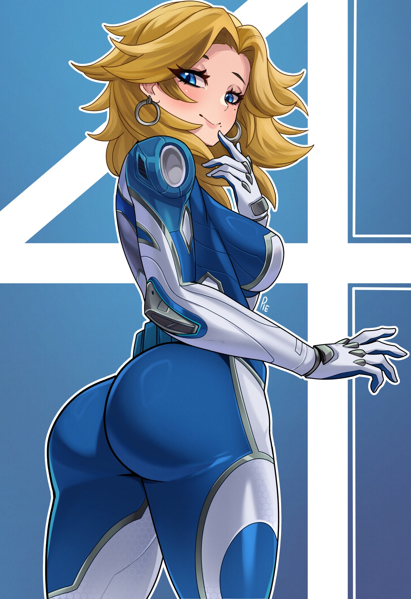 ass, blonde hair, blue background, blue bodysuit, blue eyes, bodysuit, breasts, earrings, fantastic four, female, female only, highres, invisible woman, invisible woman (marvel rivals), jewelry, long hair, looking at viewer, looking back, marvel, marvel comics, marvel rivals, medium breasts, medium hair, pietheunusual, smile, solo, sue storm, superhero costume, two-tone bodysuit, unusualpie, white bodysuit