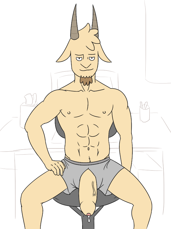 1boy abs anthro big_penis boxers_(clothing) caprine cartoon_network chair clothing computer cum cum_drip desk front_view fur goat grey_underwear half-erect hand_on_thigh humanoid_penis looking_at_viewer luigiman male male_only mammal office_chair partially_clothed penis penis_through_fly poking_out pose precum precum_string regular_show simple_background sitting smile smirk solo thick_penis thomas_(regular_show) topless uncut underwear vein