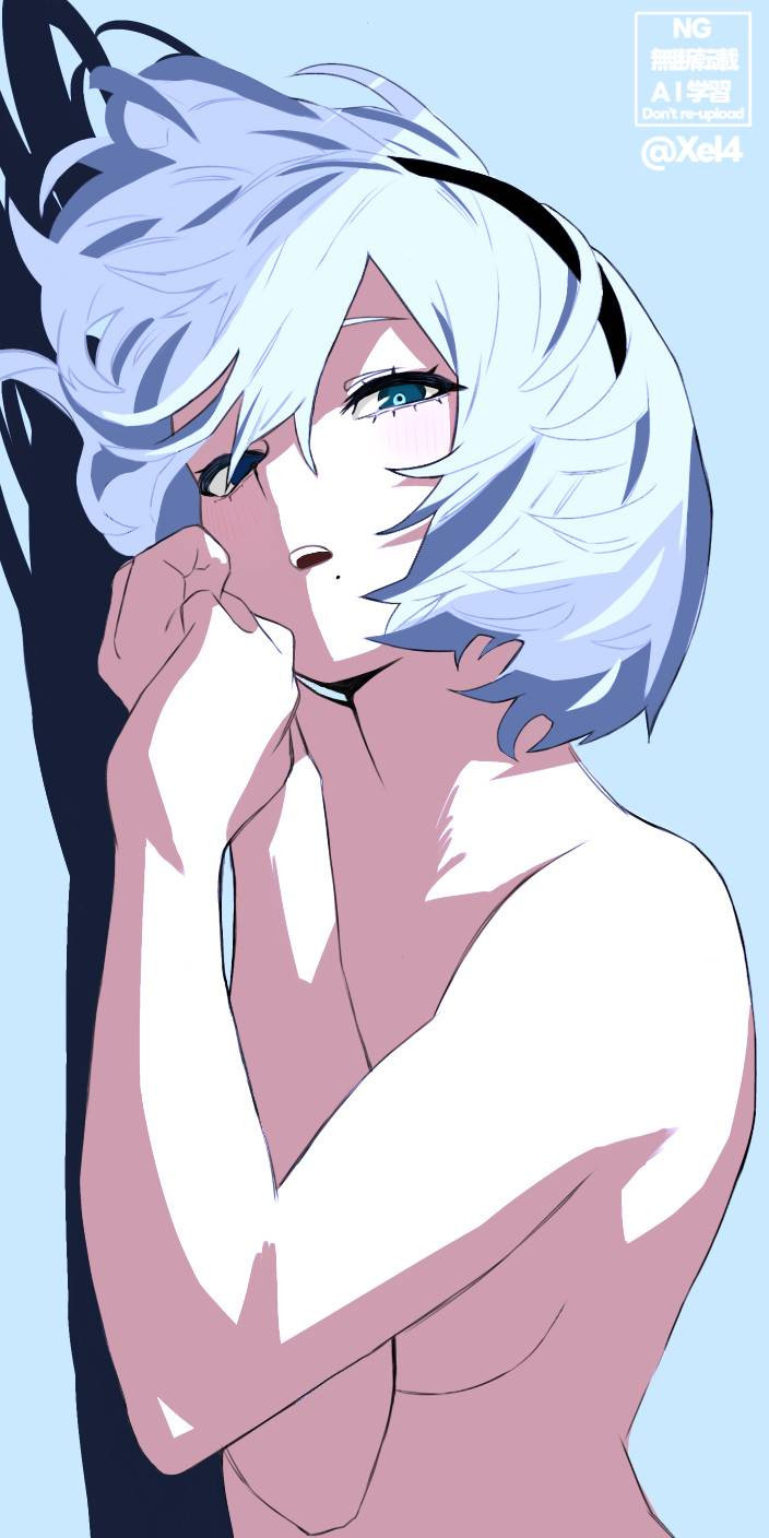 1girls, arms on breasts, black hairband, blue eyes, breasts, completely nude, female, mole under mouth, nier (series), nier: automata, nude, on side, teasing, white hair, xel4, yorha 2b