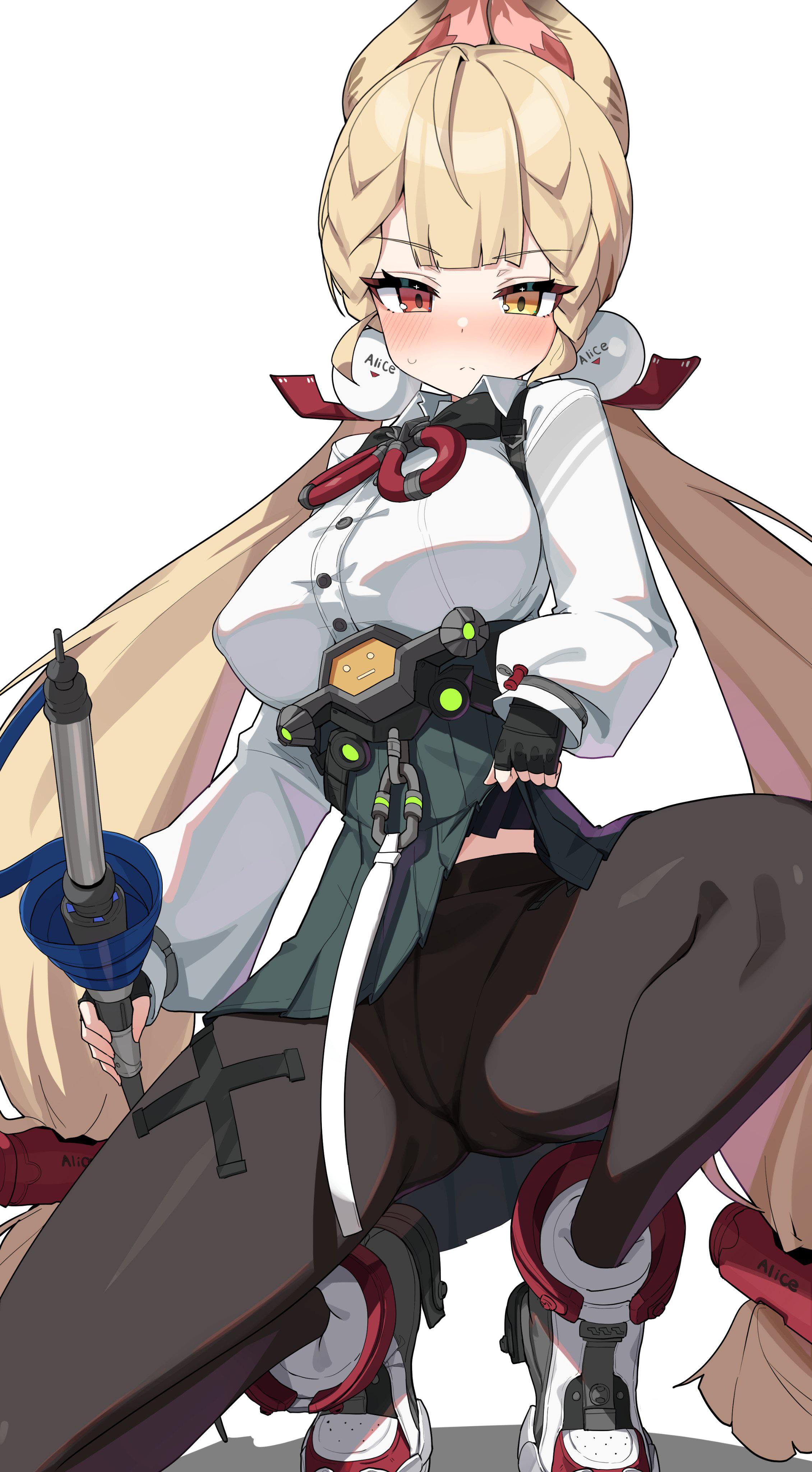 1girls, alice thymefield, animal ears, black skirt, blonde hair, blush, breasts, bunny ears, embarassed, female, fingerless gloves, gloves, heterochromia, highres, large breasts, lifting skirt, long hair, orange eyes, pantyhose, red eyes, shirt, skirt, squatting, sweat, wak kun, white shirt, zenless zone zero