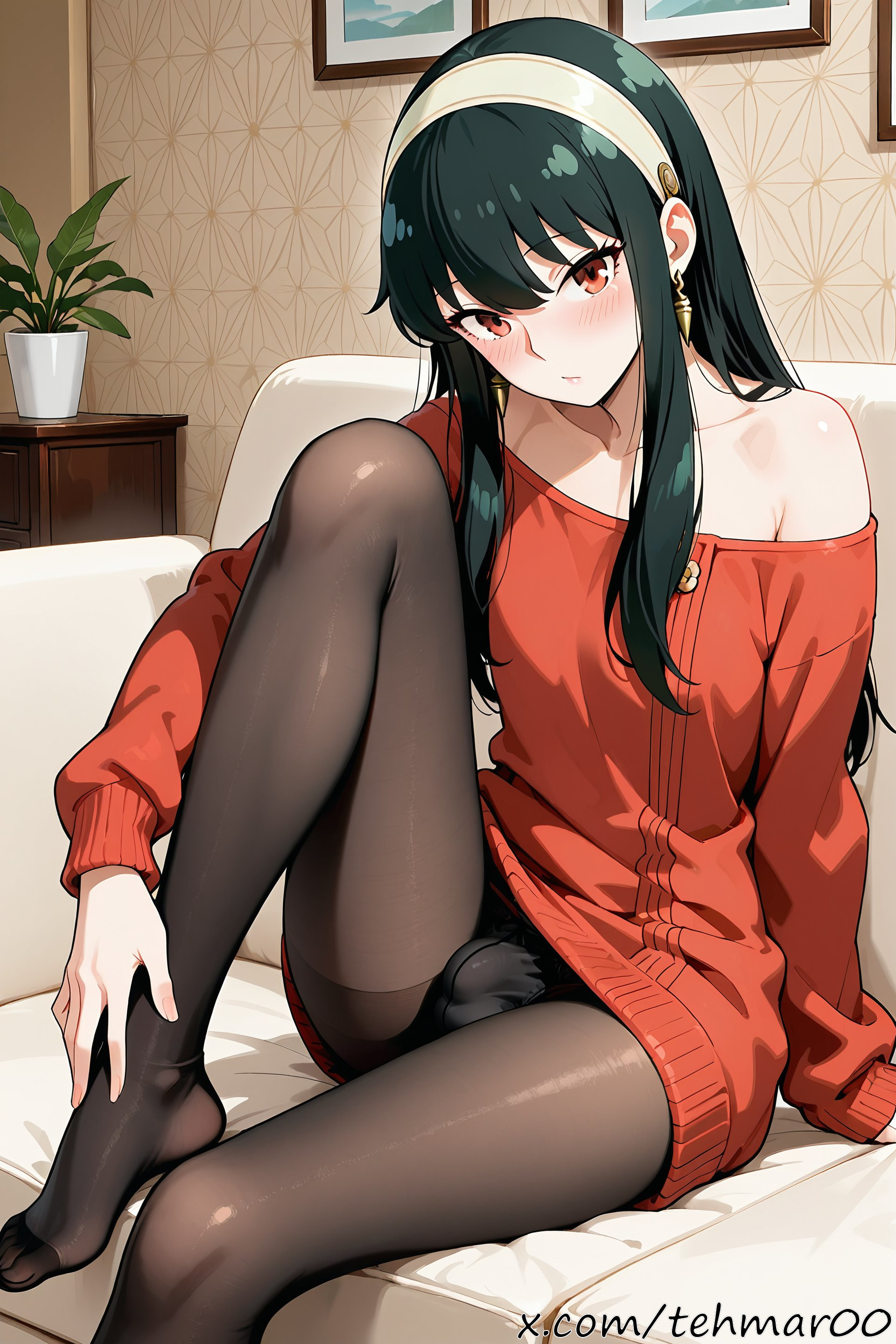 1boy, ai generated, black hair, blush, bulge, earrings, femboy, femboy dilf, flat chest, genderswap (ftm), hairband, hand on leg, living room, long hair, long sleeves, looking at viewer, male, male yor, panties, pantyhose, red eyes, red sweater, rule 63, sitting, sofa, solo, spy x family, sweater dress, tagme, tehmar, trans woman, transfem, trap, yor briar