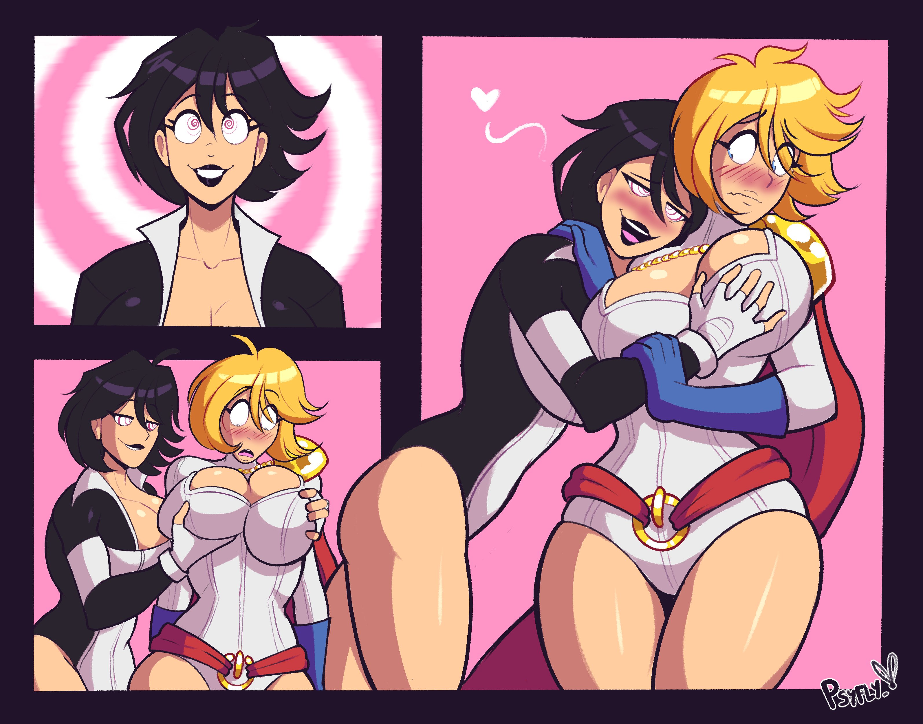 2girls, atlee, blush, dc, dc comics, feeling up, female, female only, groping, groping from behind, hypnosis, multiple girls, power girl, psyfly, superman (series), terra (dc)