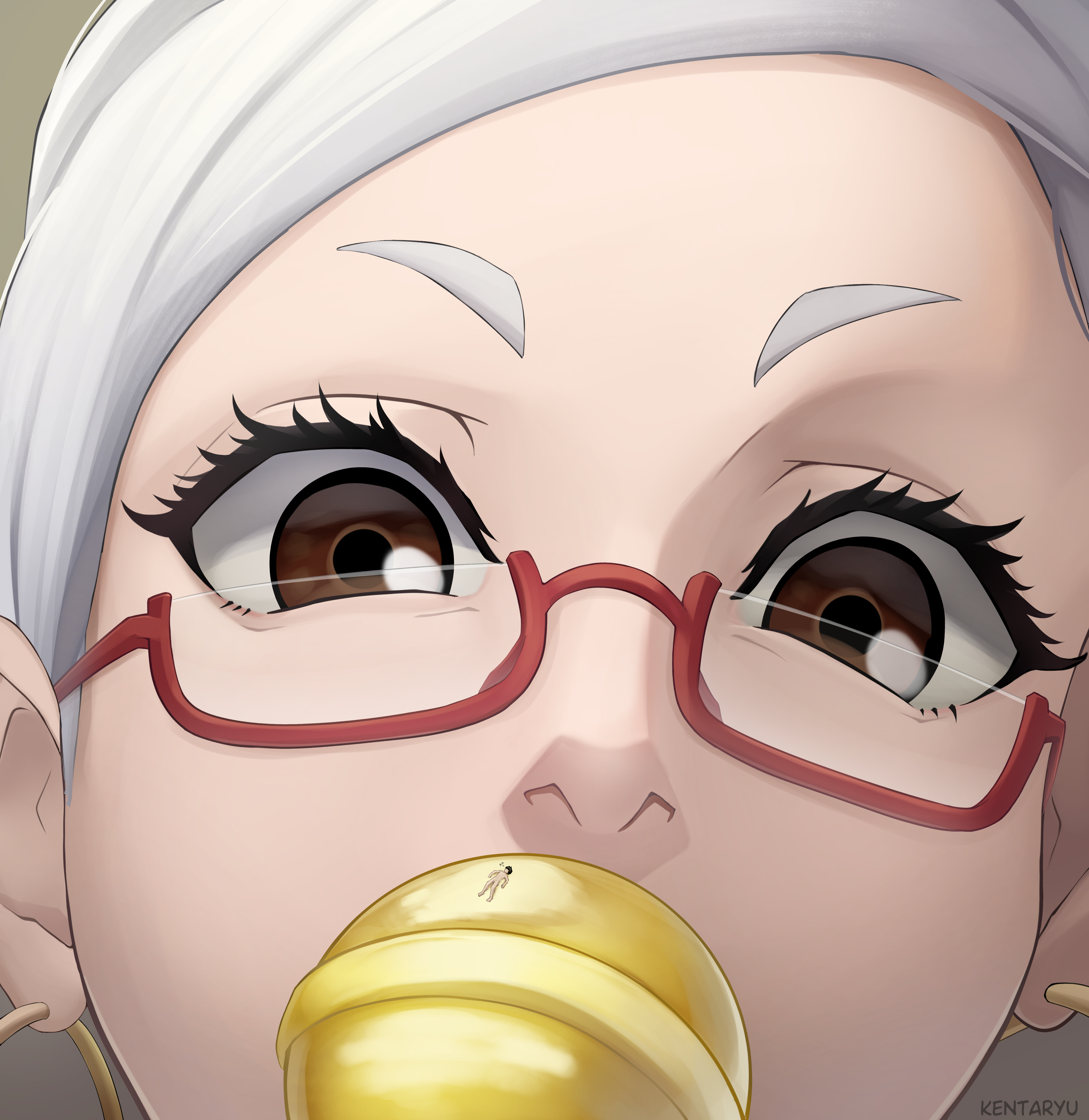 1boy, 1girls, 2d, age difference, ayase seiko, color, dandadan, defined nose, female, giantess, gilf, glasses, kentaryu, larger female, lollipop, looking at tiny, male, nude, nude male, older female, size difference, smaller male, takakura ken (okarun), tiny guy, white hair, younger male