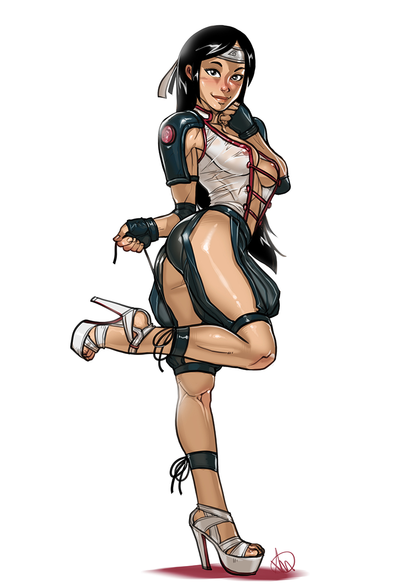 1girls, alternate costume, areolae, asian female, ass, bare thighs, bimbo, black gloves, brown eyes, brown hair, butt, erect nipples, erect nipples under clothes, exposed breasts, feet, female, female focus, female only, fingerless gloves, footwear, forehead protector, ganassa, gloves, headband, heels, hi res, high heels, high resolution, highres, inner sideboob, konohagakure symbol, leg band, leg lift, leg up, legwear, light skin, light-skinned female, lips, lipstick, long hair, looking at viewer, makeup, naruto, naruto (series), naruto shippuden, naruto: the last, nipple bulge, nipples, one leg up, perky breasts, petite, pink lips, pink lipstick, pink nipples, pinup, pose, posing, shonen jump, short skirt, shounen jump, shueisha, skimpy, skimpy clothes, skimpy outfit, skirt, small breasts, smile, smiling, smiling at viewer, solo, solo female, solo focus, standing, standing on one leg, stiletto heels, tan skin, tenten, toes, very high resolution, weekly shonen jump, weekly shounen jump, white heels, white high heels