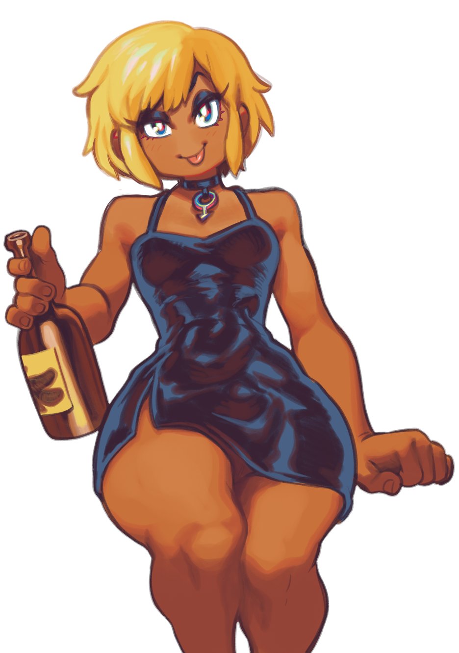 1futa, ami dixie, beer, breasts, bulge, clothed, clothing, dress, fully clothed, futa only, futanari, intersex, modeseven, no nose, small breasts, solo, thick thighs
