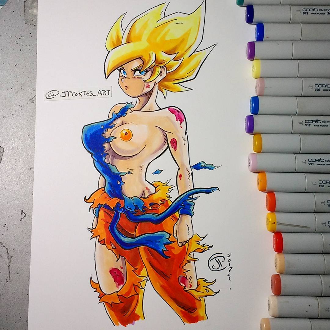 1girls blue_eyes breast_slip breasts dragon_ball dragon_ball_z female female_goku female_only genderswap_(mtf) gold_hair hourglass_figure jpcortes one_breast_out pasties photo_(medium) rule_63 saiyan solo son_goku super_saiyan torn_clothing traditional_media_(artwork) turtle_school_uniform