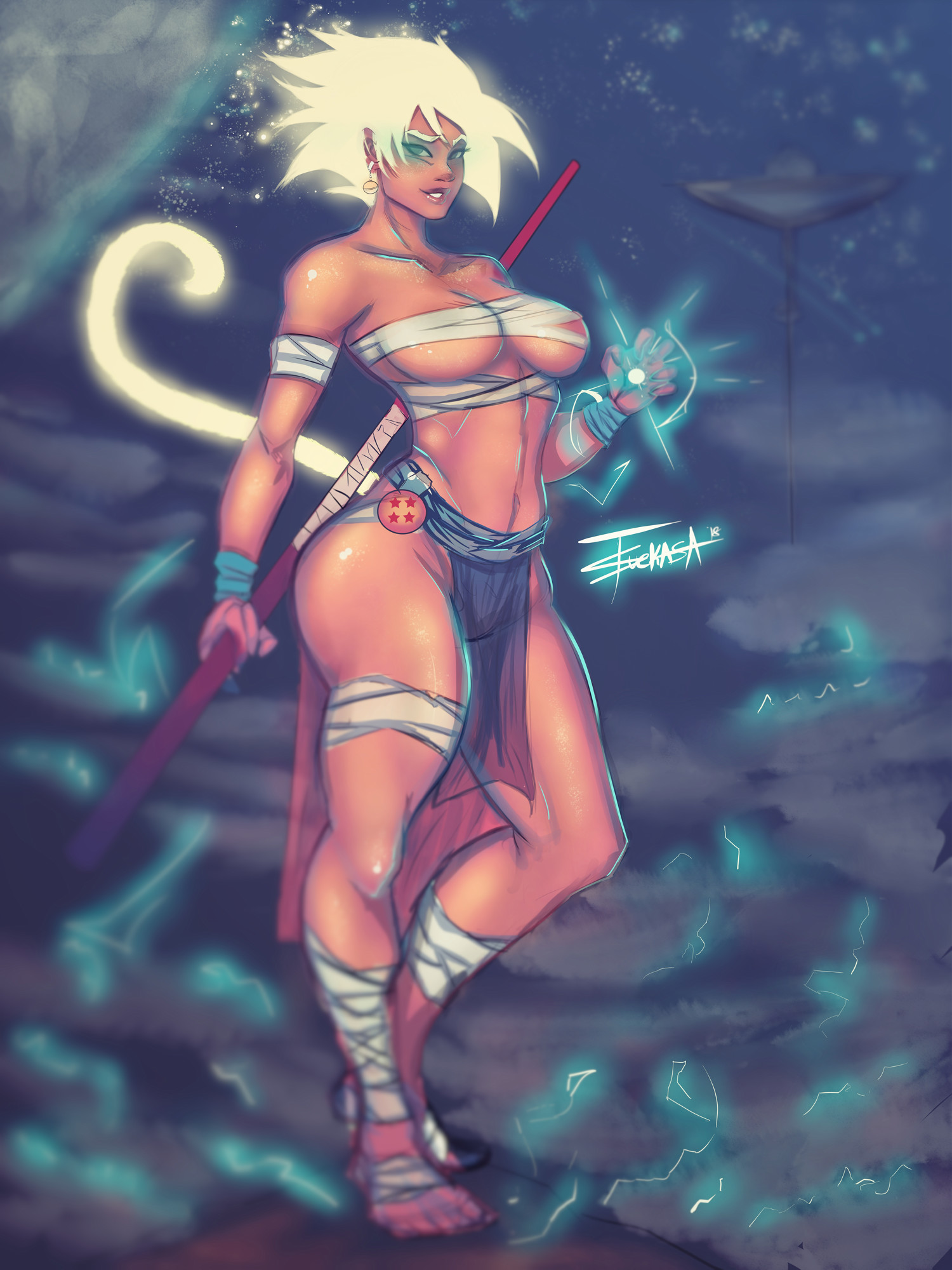 1girls, 2018, dragon ball, dragon ball z, female, female goku, female only, nyoibou, potara earrings, power pole, rule 63, saiyan, saiyan tail, solo, son goku, son gokuu, super saiyan, tagme, tsuekasa