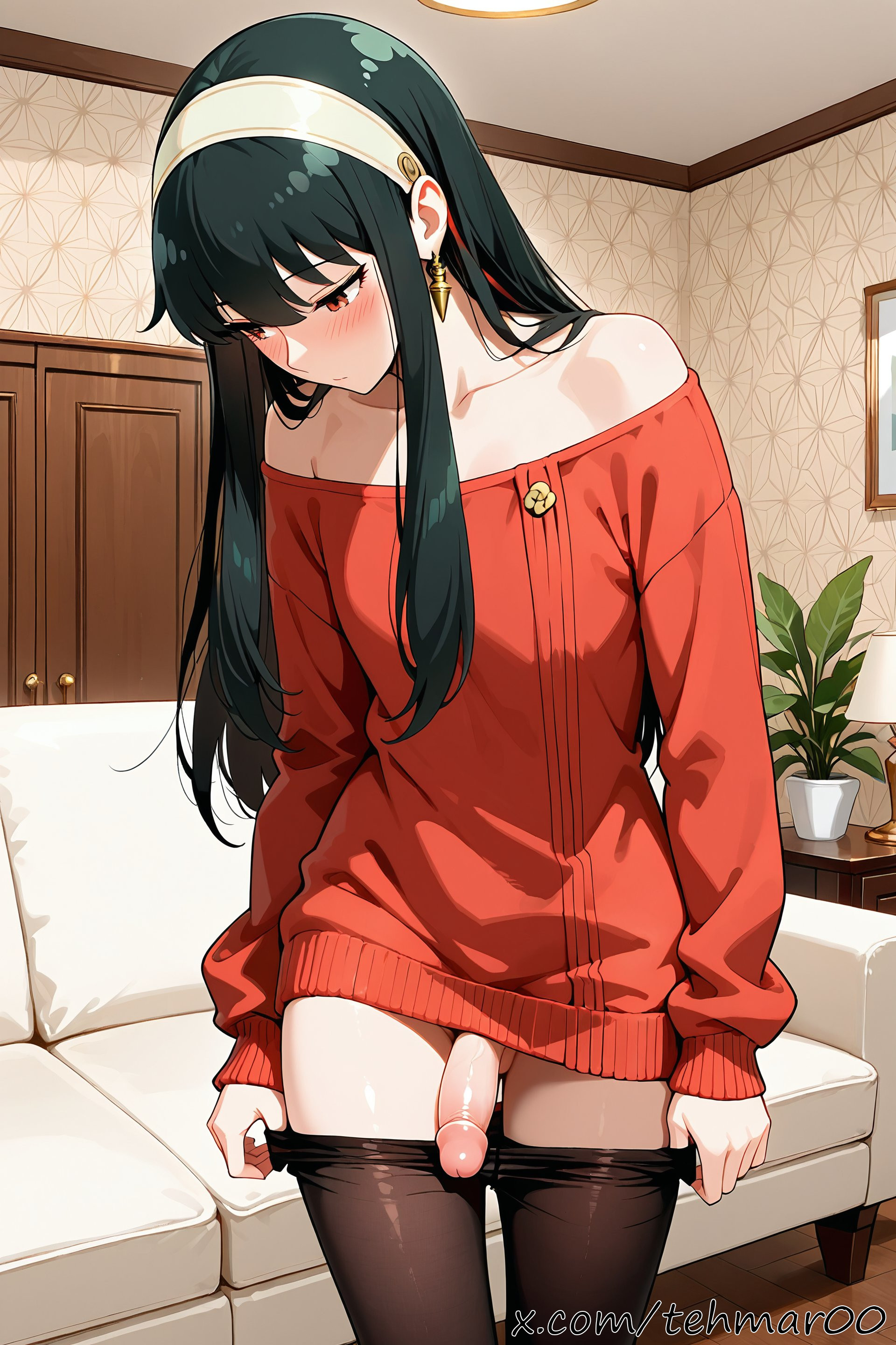 1boy, ai generated, black hair, blush, earrings, femboy, femboy dilf, flat chest, genderswap (ftm), hairband, living room, long hair, long sleeves, looking away, male, male yor, pantyhose, penis, red eyes, red sweater, rule 63, sofa, solo, spy x family, standing, sweater dress, tagme, tehmar, trans woman, transfem, trap, undressing, yor briar