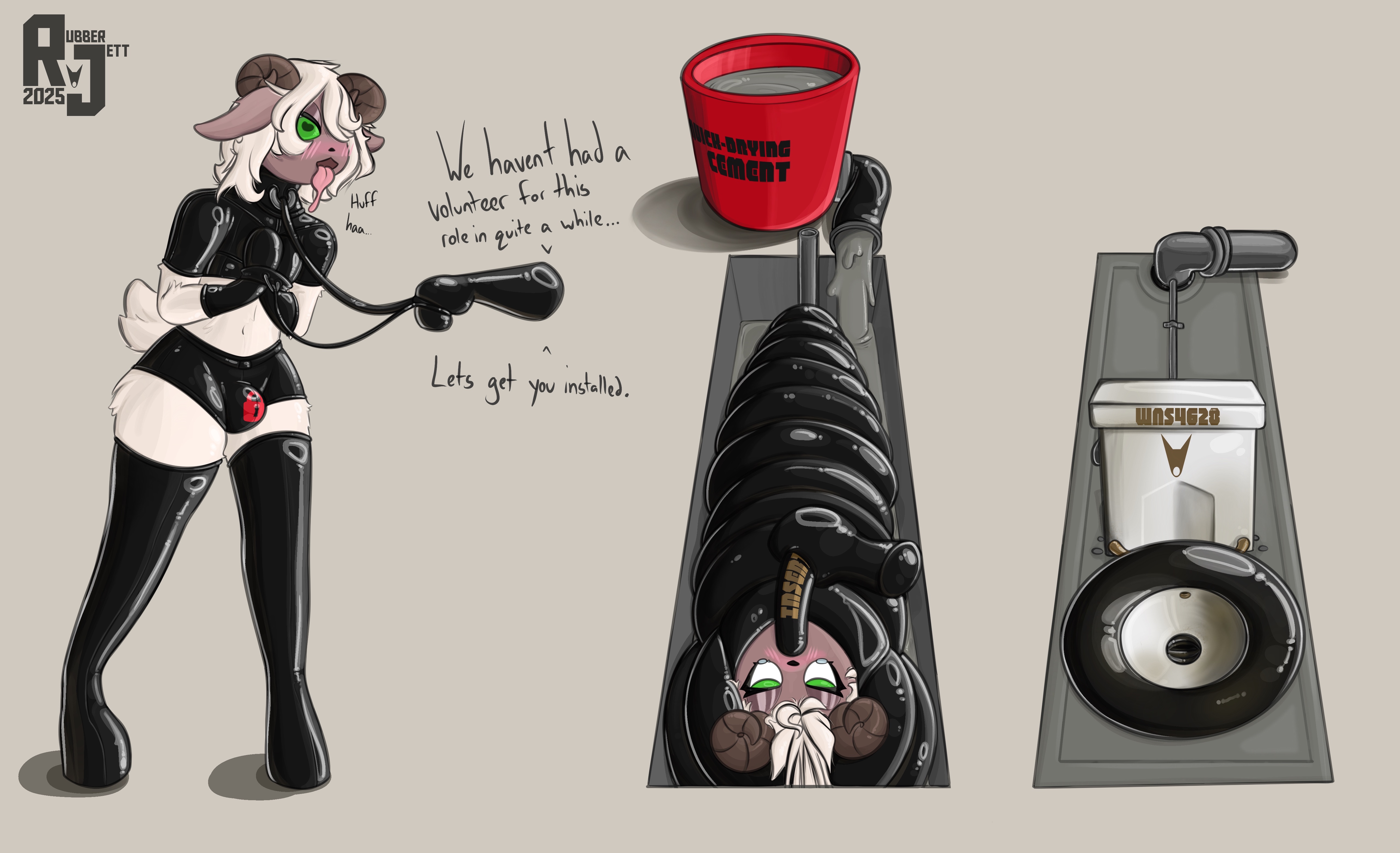 absurd res, anthro, bondage, bound, bovid, buried, buried alive, bury, caprine, cement, clothing, drone, encasement, english text, femboy, gag, gagged, goat, goatboy, hi res, inflatable, inflation, latex, lock, locked, male, mammal, mask, null, null bulge, nullification, perma, permanent, restrained, rubberjett, rubbersolutions, sleepsack, suit, text, toilet, toilet slave, under the floor