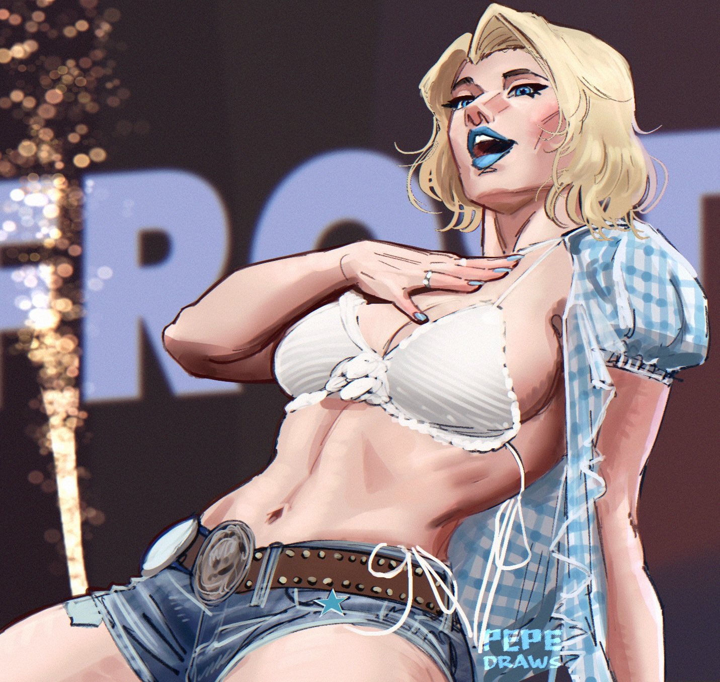 1girls, arm behind back, arm raised, arm up, artist name, belly button, big breasts, bikini top, blonde female, blonde hair, blue eyes, blue lips, blue lipstick, blue nails, bob cut, breasts, busty, cleavage, cosplay, curvy, denim, denim shorts, emma frost, emma frost (marvel rivals), eyelashes, female, female only, flat belly, front view, gingham, half-closed eyes, hand on chest, hourglass figure, jean shorts, kwon eun-bi, kwon eun-bi (cosplay), large breasts, legs, legs apart, light skin, light-skinned female, lipstick, long eyelashes, looking away, looking down, marvel, marvel comics, marvel rivals, mature, mature female, medium hair, milf, one arm up, open clothes, open mouth, open shirt, open topwear, pepedraws, pointy nails, ring, shorts, side view, small waist, teeth, topwear, upper teeth, viewed from front, viewed from side, waterbomb, x-men