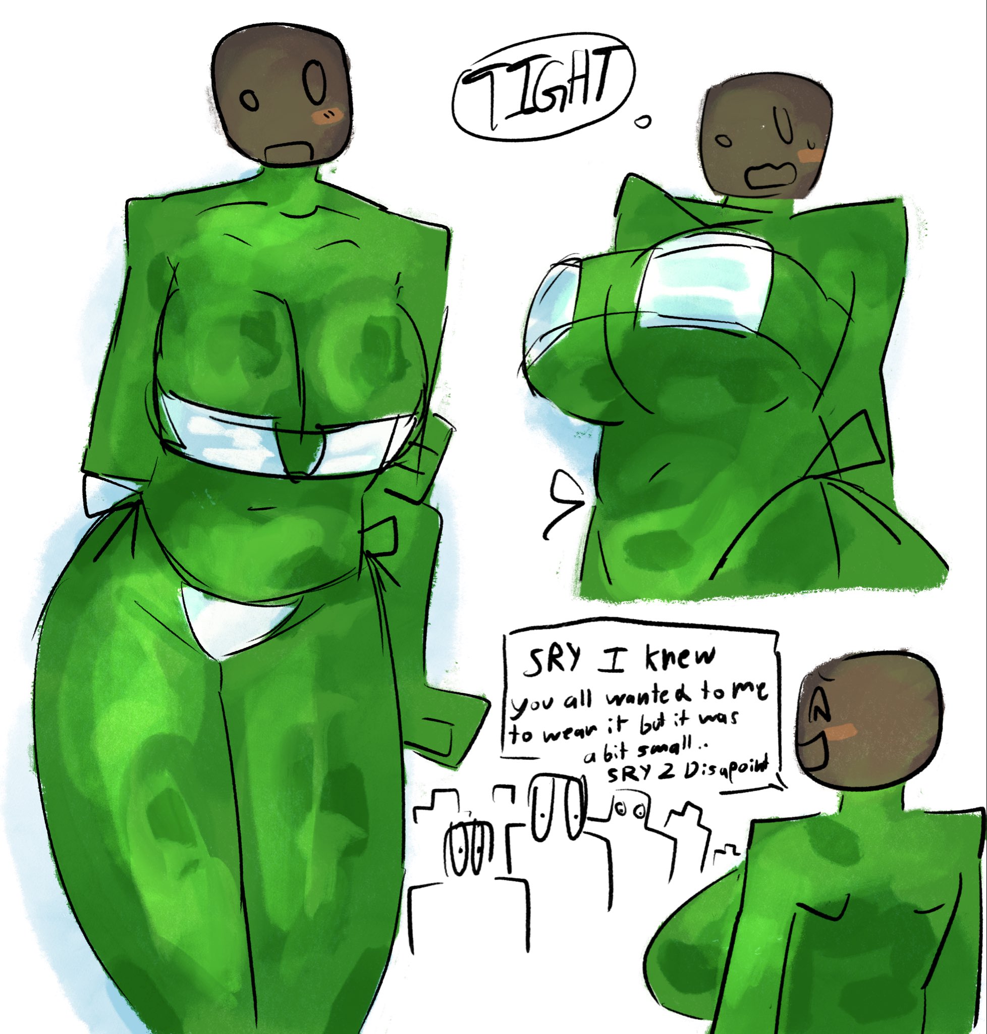 1girls, 1x1x1x1, bald, big breasts, bikini, breasts, busty, busty female, cleavage, dialogue, english text, exposed breasts, female, female focus, forsaken (roblox), green body, roblox, roblox game, robloxian, rrresna, rule 63, self upload, shy, square bikini, tagme, text, thick thighs, thighs, thought bubble, timeless 1x1x1x1