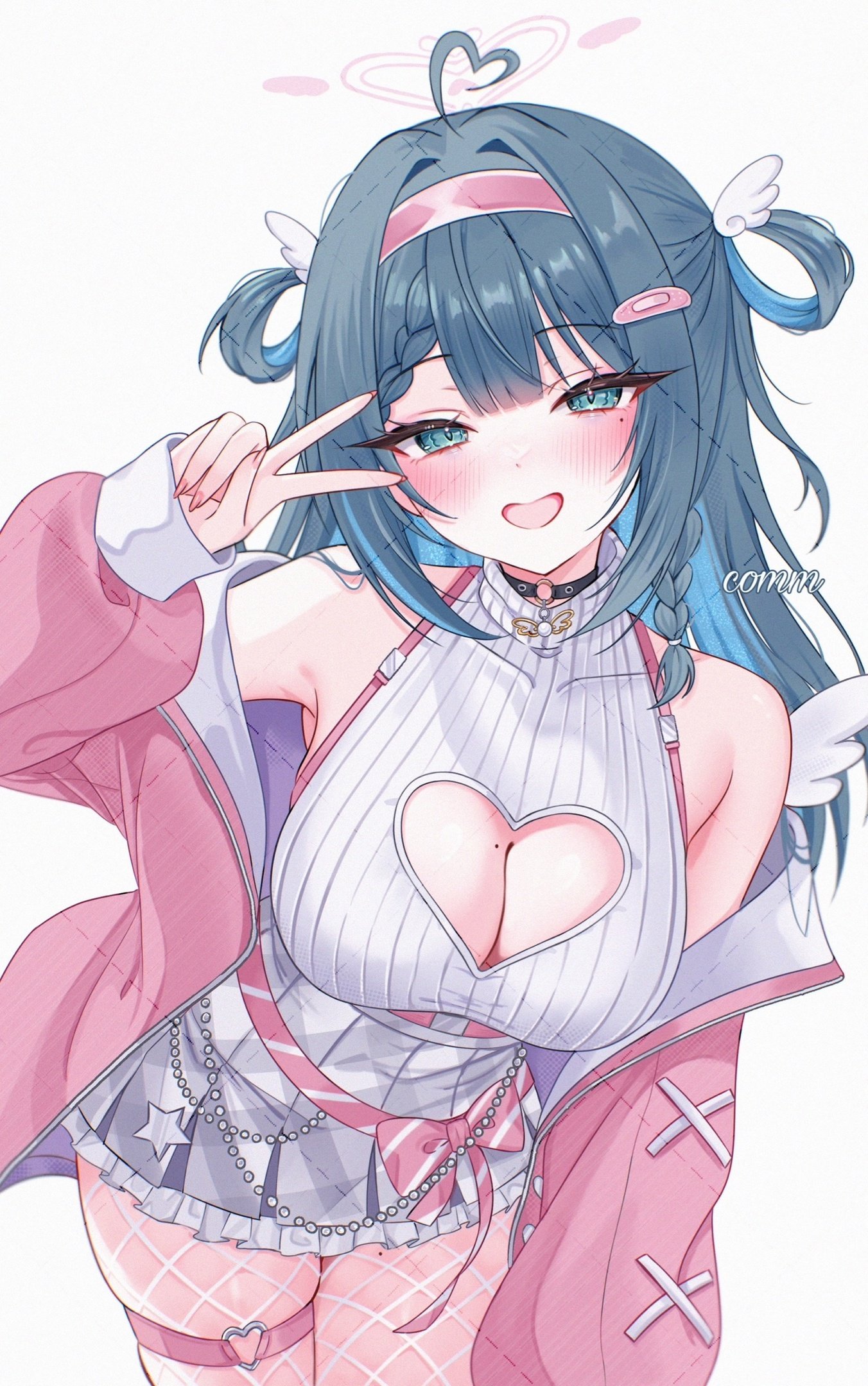 1girls, accessory, amano nene (vtuber), amano nene (vtuber) (2.0 3d outfit), boob window, breasts, choker, cyan eyes, female, female only, fishnets, green hair, huge breasts, indie virtual youtuber, large breasts, light skin, light-skinned female, long hair, posing, skirt, solo, v, virtual youtuber, vtuber, zxcsque