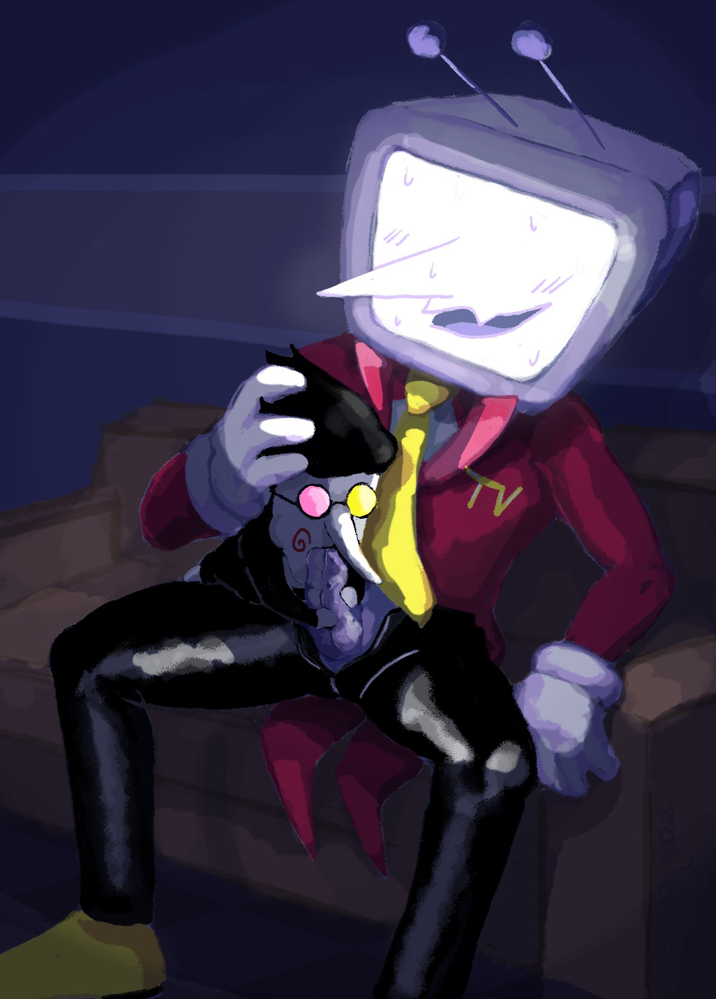2boys, computer, deltarune, deltarune chapter 3, extreme size difference, gay, male, male/male, oral, oral sex, puppet, robot, screen face, size difference, spamton g spamton, tenna (deltarune)