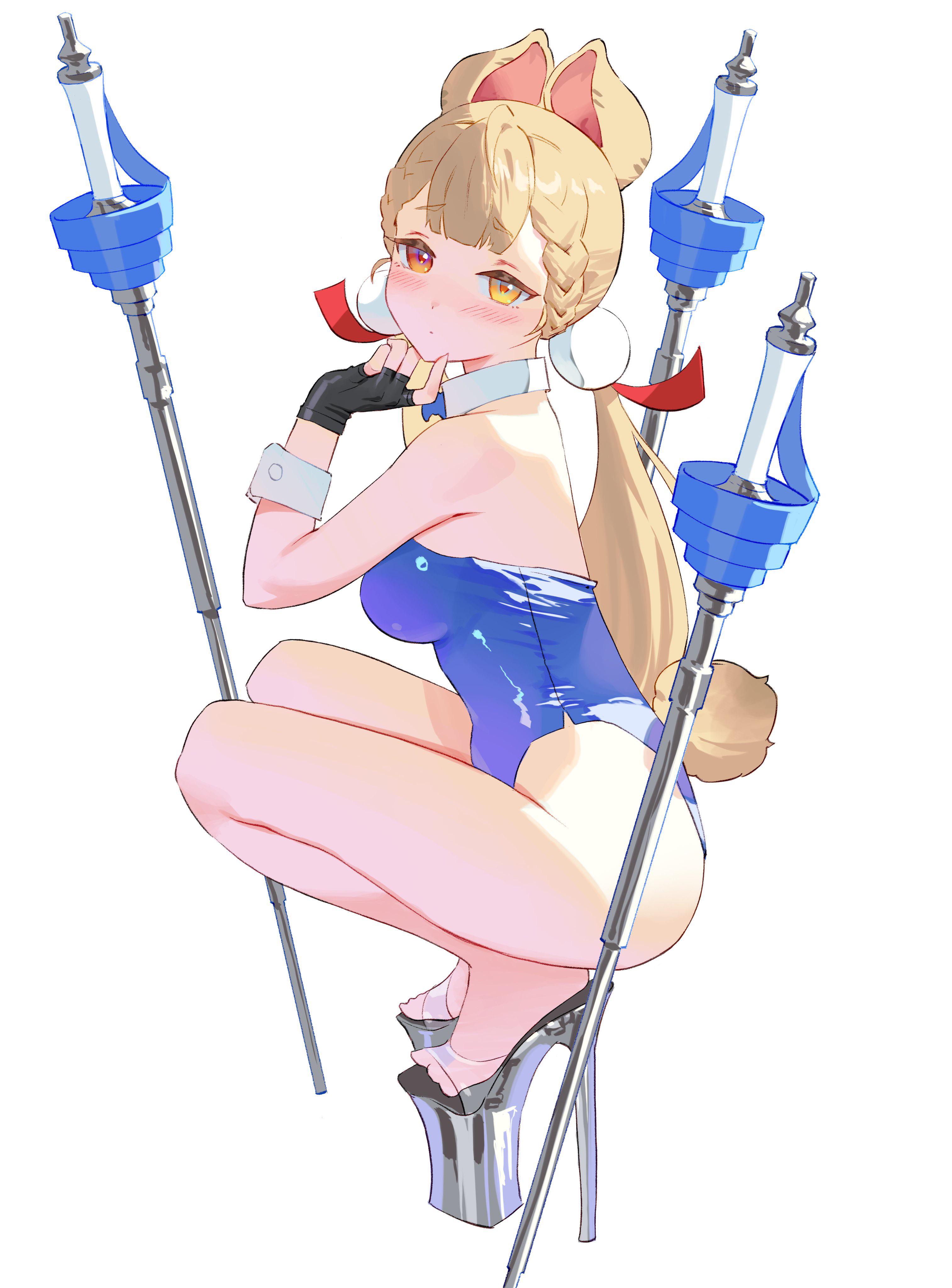 1girls, absurd res, alice thymefield, animal ears, blonde hair, blush, breasts, bunny ears, bunny girl, bunnysuit, female, fingerless gloves, heterochromia, high heels, large breasts, looking at viewer, orange eyes, red eyes, side view, squatting, wonbin lee, zenless zone zero