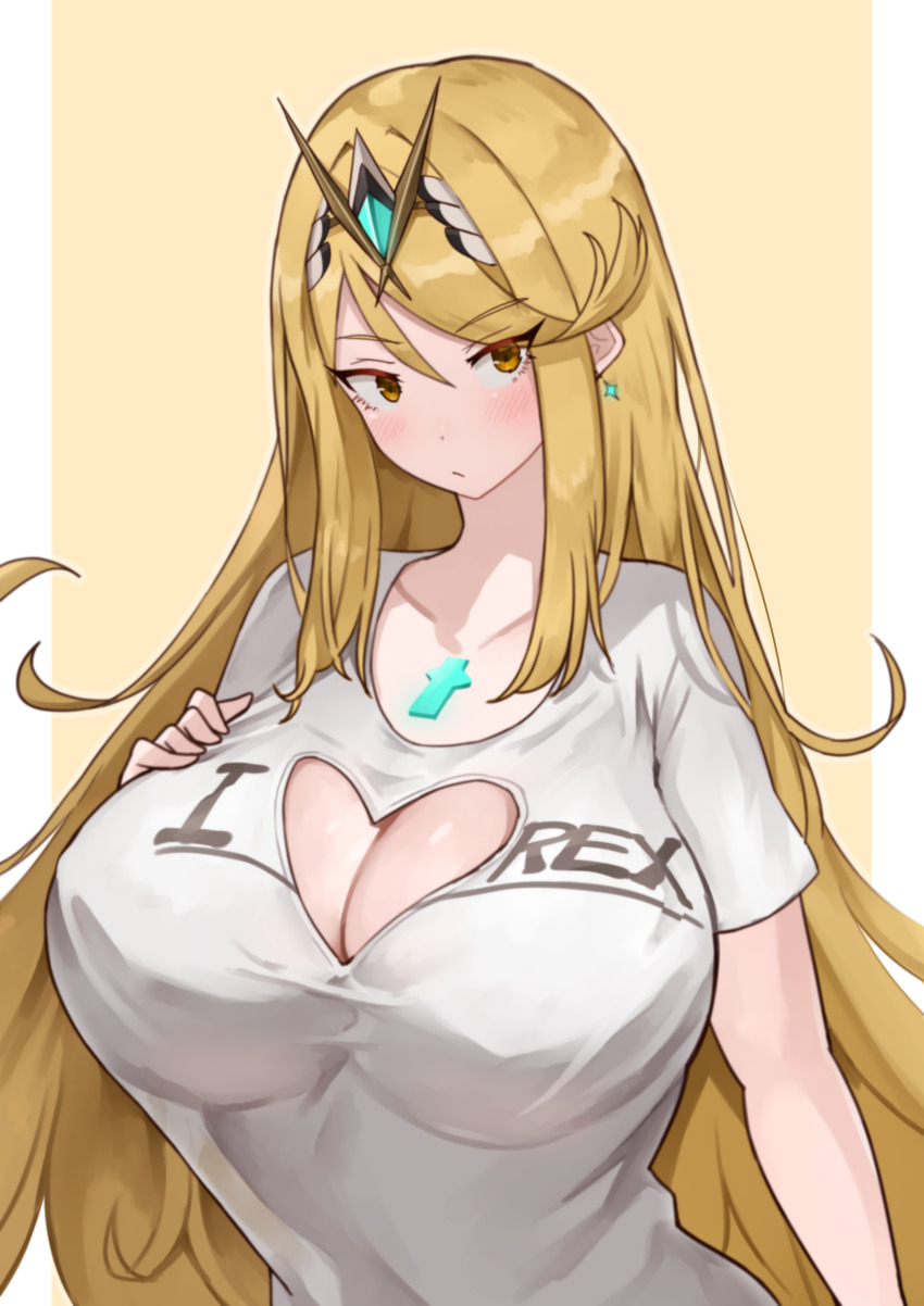 big breasts, blonde hair, boob window, breasts, core crystal, female, heart, heart symbol, mythra, nintendo, oniisan02b, tiara, wholesome, xenoblade (series), xenoblade chronicles 2, yellow eyes, yotsuhauni