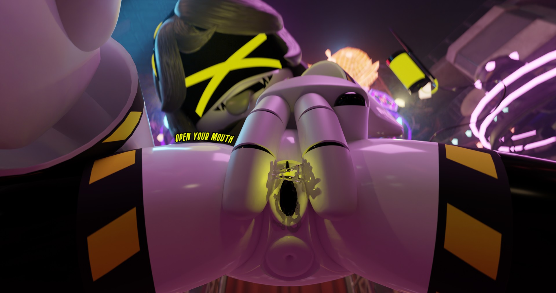 3d, accurate art style, armac104, blender, disassembly drone, english text, female, female focus, female only, hand on head, murder drones, pov, pussy, pussy juice, sharp teeth, smiling at viewer, tail, tongue, tongue out, v (murder drones), wet pussy
