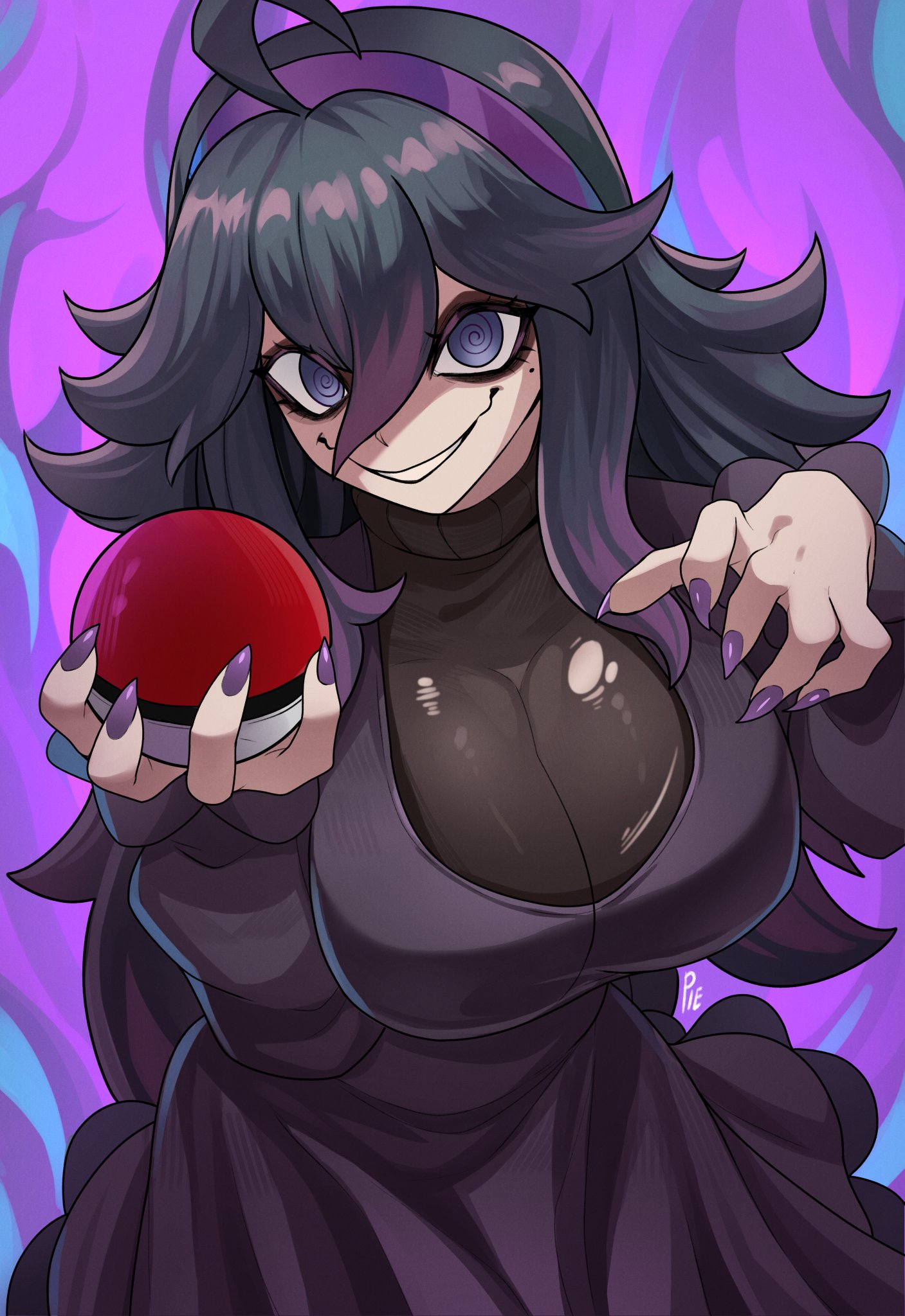 1girls, ahoge, barely contained, barely contained breasts, barely fits, big breasts, black hair, breasts, breasts too big, bursting breasts, cleavage, dress, female, female only, game freak, grin, hairband, hex maniac, large breasts, long hair, looking at viewer, nail polish, nintendo, pietheunusual, pokemon, pokemon xy, purple background, purple eyes, purple hair, purple hairband, purple nails, smile, solo, tight clothes, tight clothing, tight dress, tight fit, too tight, undersized clothes, undersized clothing