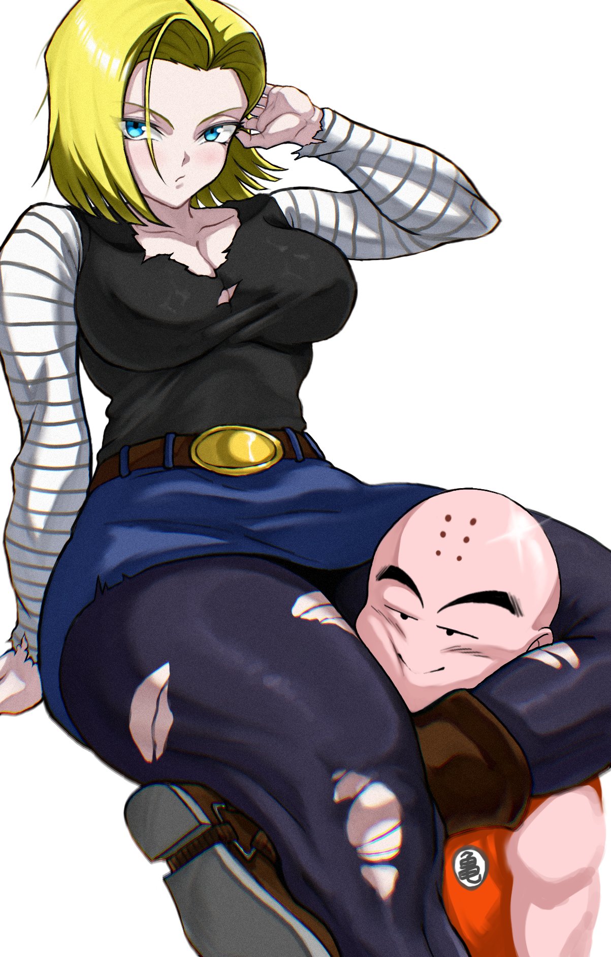 1boy, 1girls, android 18, bald, big breasts, blonde hair, blue eyes, breasts, busty, dragon ball, dragon ball z, female, head between thighs, husband and wife, krillin, kuririn, leggings, light skin, light-skinned female, light-skinned male, male, takundraws, thick thighs, torn clothes, white background