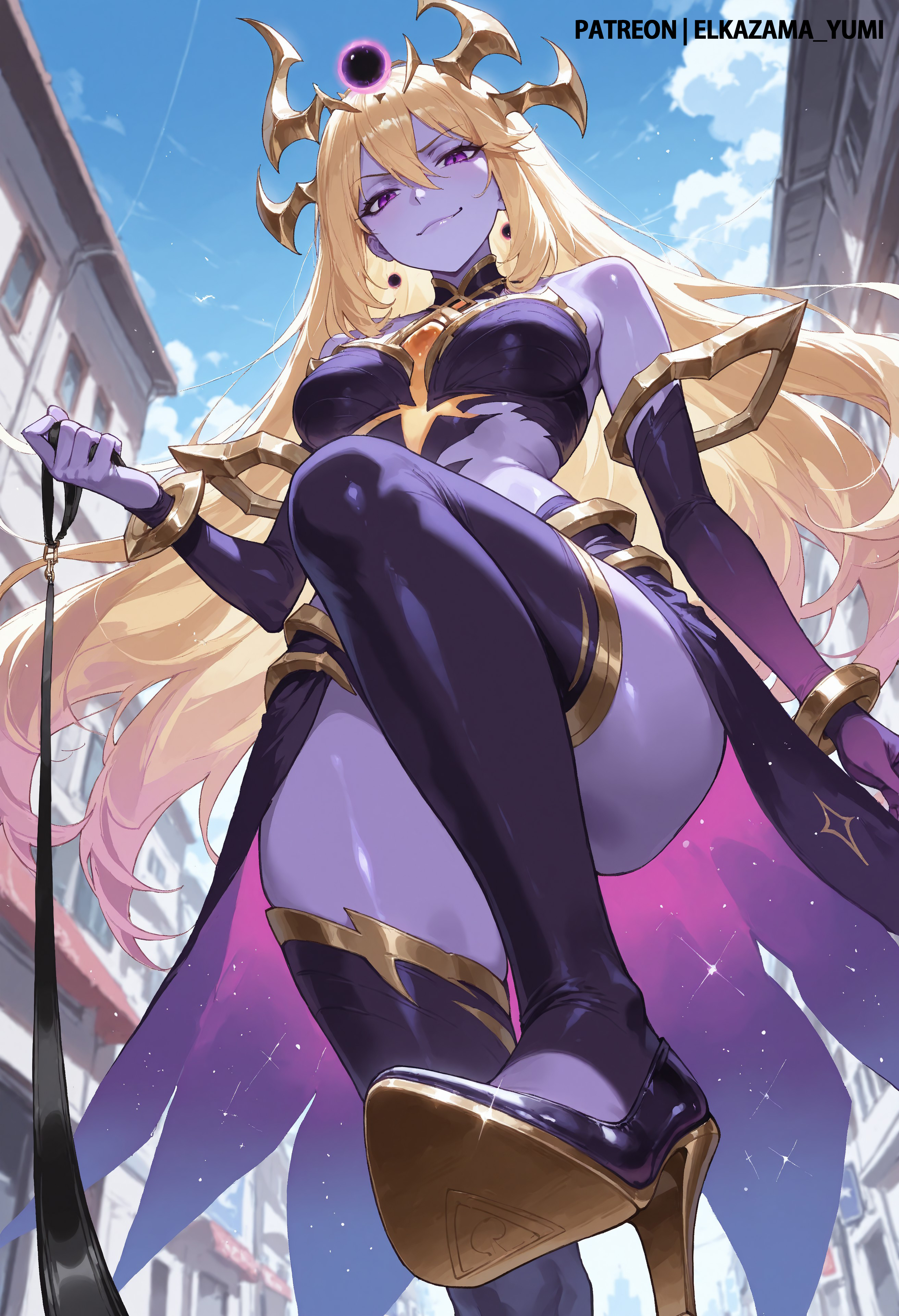 ai generated, cosmic series, dark cosmic lux, elkazama yumi, female, femdom, high heels, league of legends, luxanna crownguard, stepped, stepped on