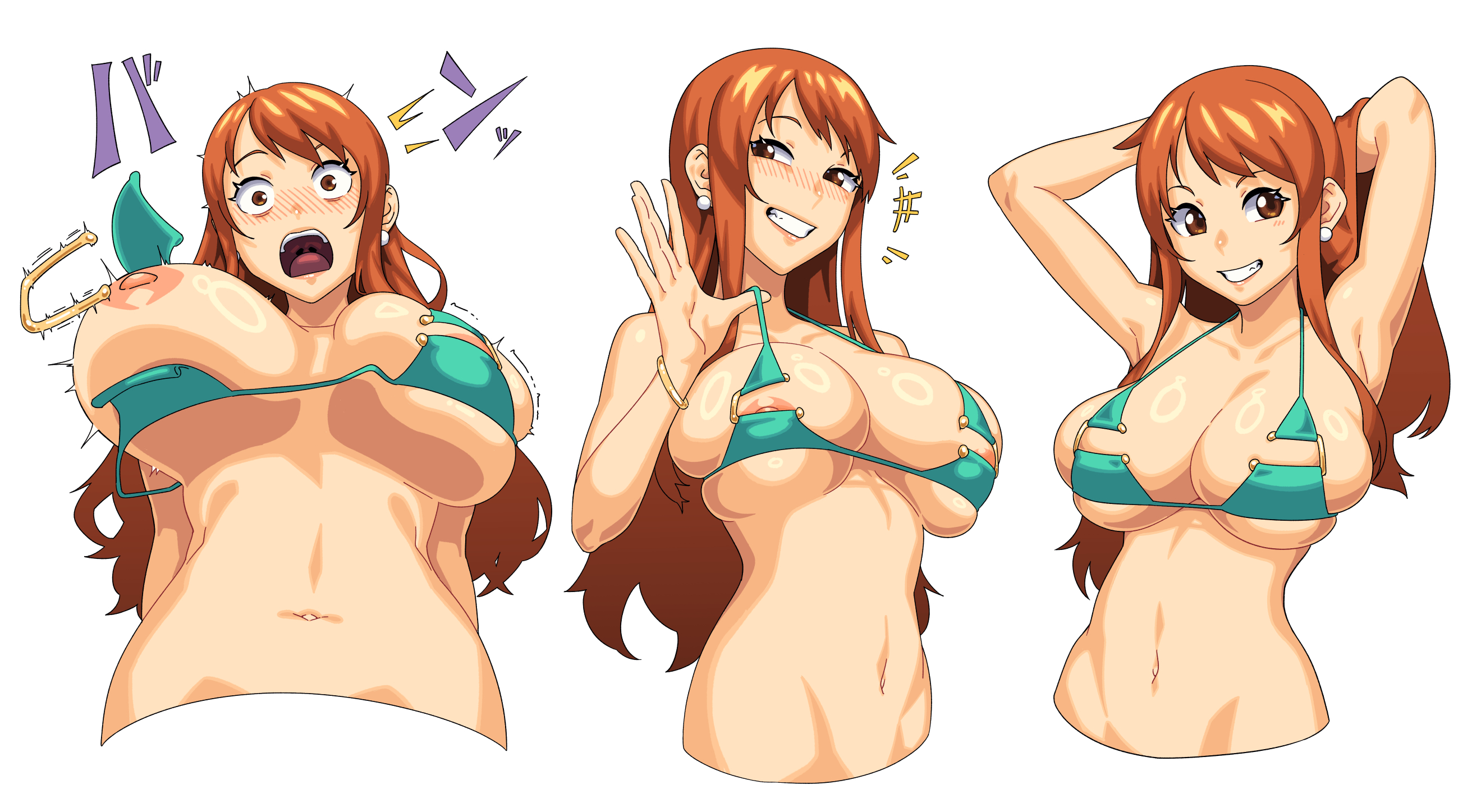 1girls, areola slip, bikini, breasts, brown eyes, dyun, female, female focus, female only, happy, large breasts, long hair, looking at viewer, nami (one piece), navel, nip slip, nipple slip, nipples, one piece, open mouth, orange eyes, orange hair, orange-haired female, shiny skin, simple background, solo, solo focus, standing, surprised, swimsuit, teeth, tongue, tongue out, wardrobe malfunction, white background, wide hips