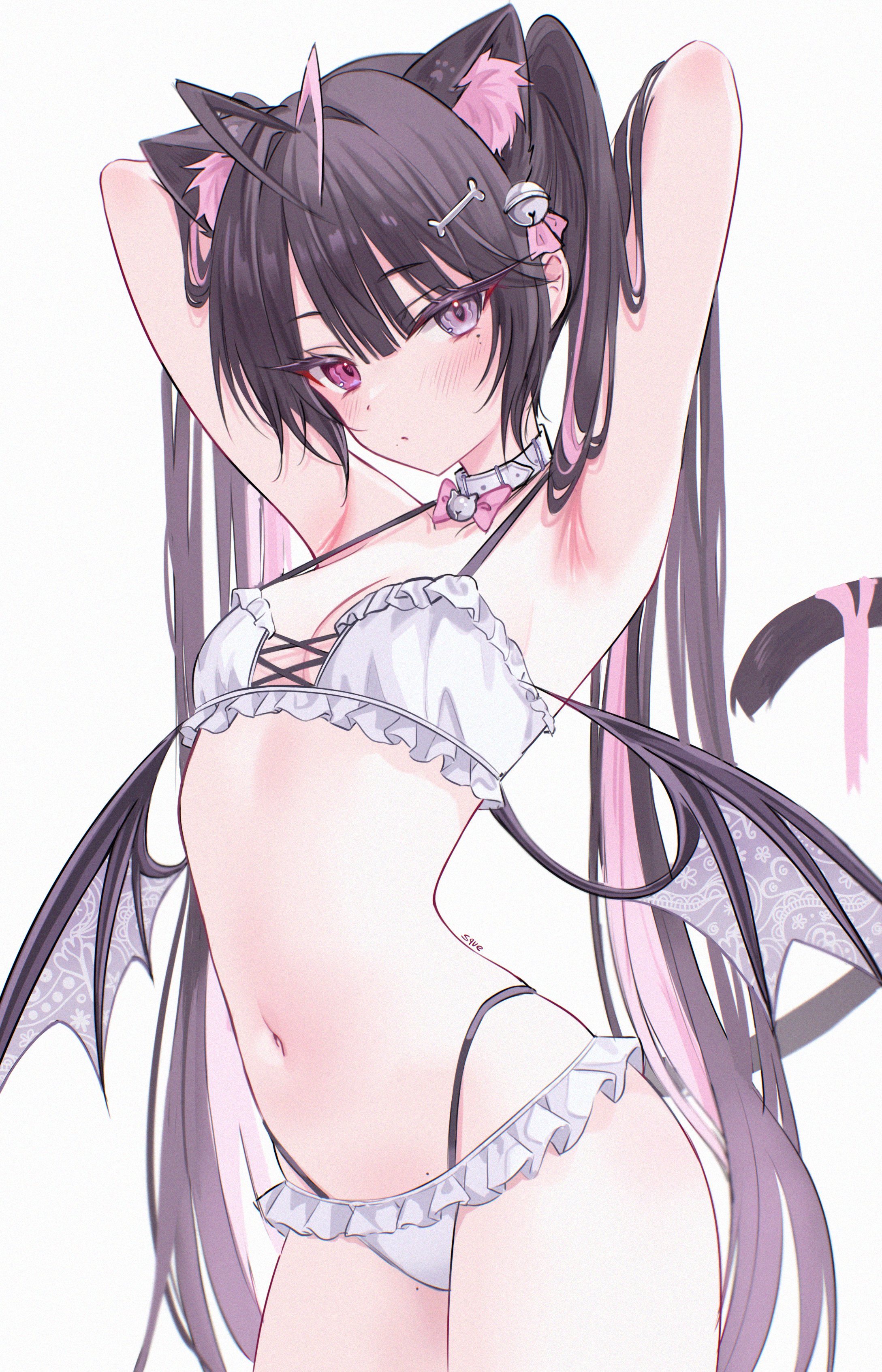 1girls, armpits, arms up, bikini, cat ears, cat tail, collar, female, fluffy ears, heterochromia, long hair, oc, original, original character, pink eyes, purple eyes, tail, wings, zxcsque