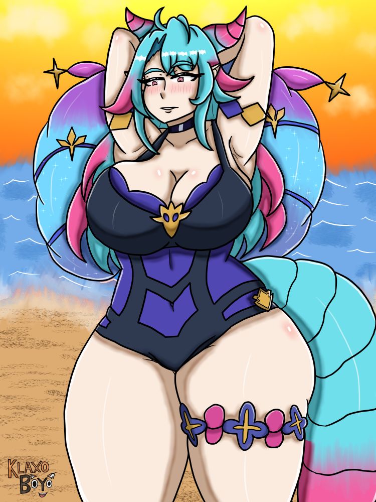 alternate_form blue_hair blue_scales blush breasts cygames dragalia_lost dragon dragon_girl dragon_horns dragon_tail gradient_hair klaxoboyo large_breasts mercury_(dragalia_lost) nintendo pink_eyes posing purple_hair scales swimsuit thick_thighs