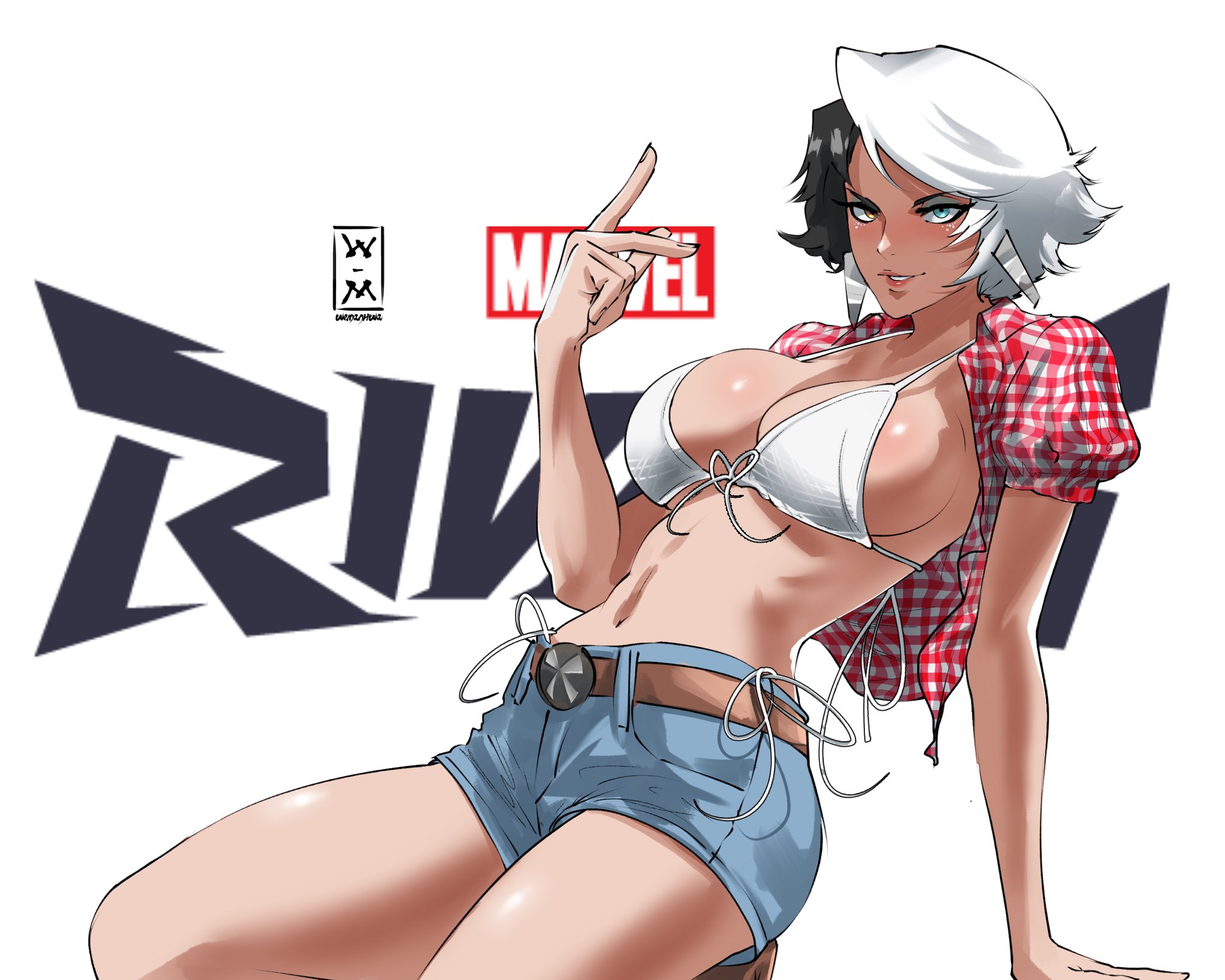 1girls, artist logo, big breasts, bikini top, black hair, blue eyes, breasts, busty, cleavage, cosplay, curvy, denim, denim shorts, female, female only, gingham, heterochromia, jean shorts, kwon eun-bi, kwon eun-bi (cosplay), large breasts, light skin, light-skinned female, luna snow, luna snow (marvel rivals), marvel, marvel comics, marvel rivals, multicolored hair, navel, open shirt, short hair, shorts, smile, waterbomb, wemanhwa, white background, white hair, yellow eyes