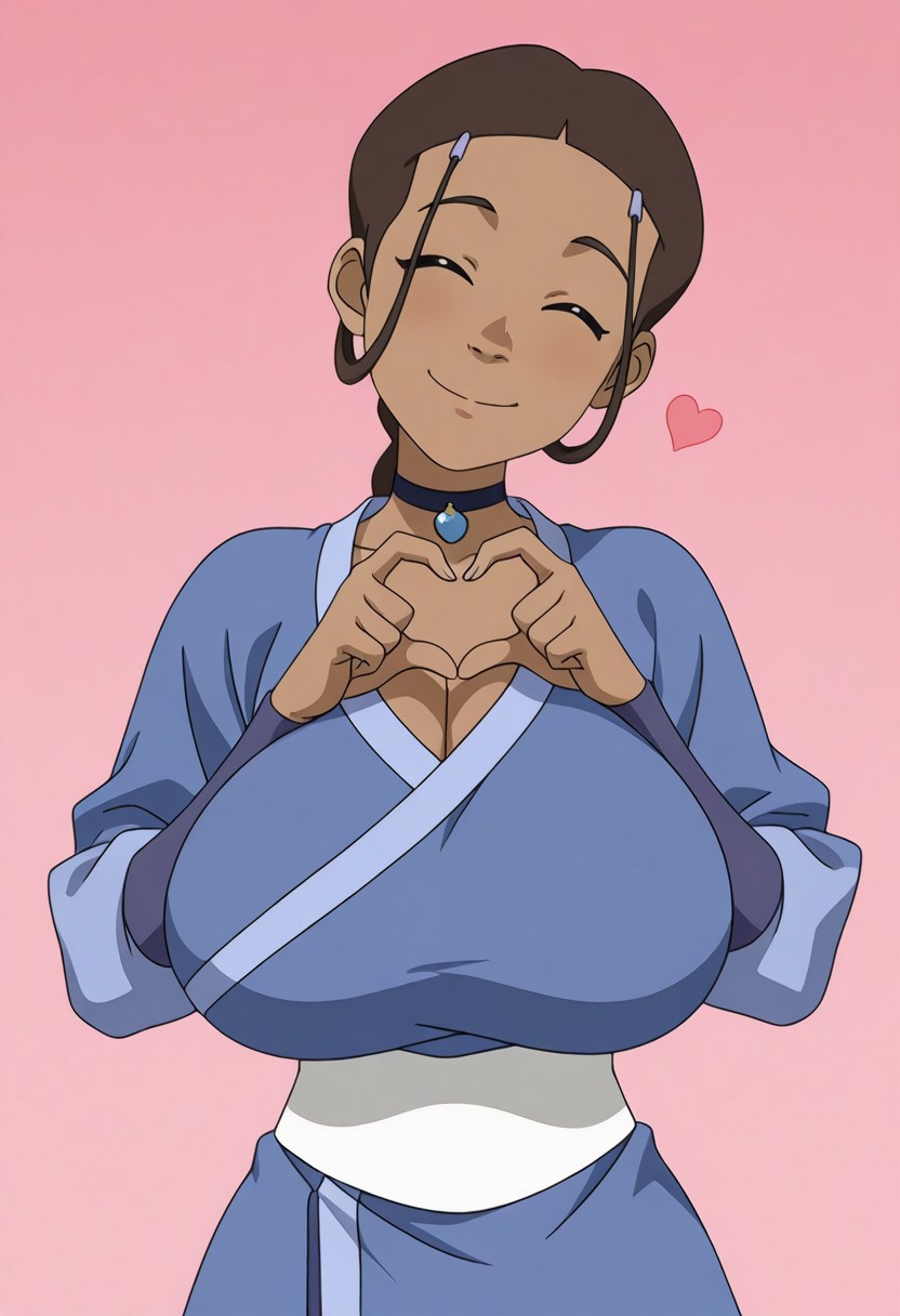 :), ai generated, avatar legends, avatar the last airbender, big breasts, braided ponytail, breasts, brown-skinned female, cleavage, clothed, clothes, dark skin, dark-skinned female, female, female focus, female only, hair loopies, happy, happy female, heart, heart hands, huge breasts, katara, large breasts, simple background, smile, smiling, solo, solo female, solo focus, tied hair, top heavy, tribal, tribal necklace, water tribe, wide hips