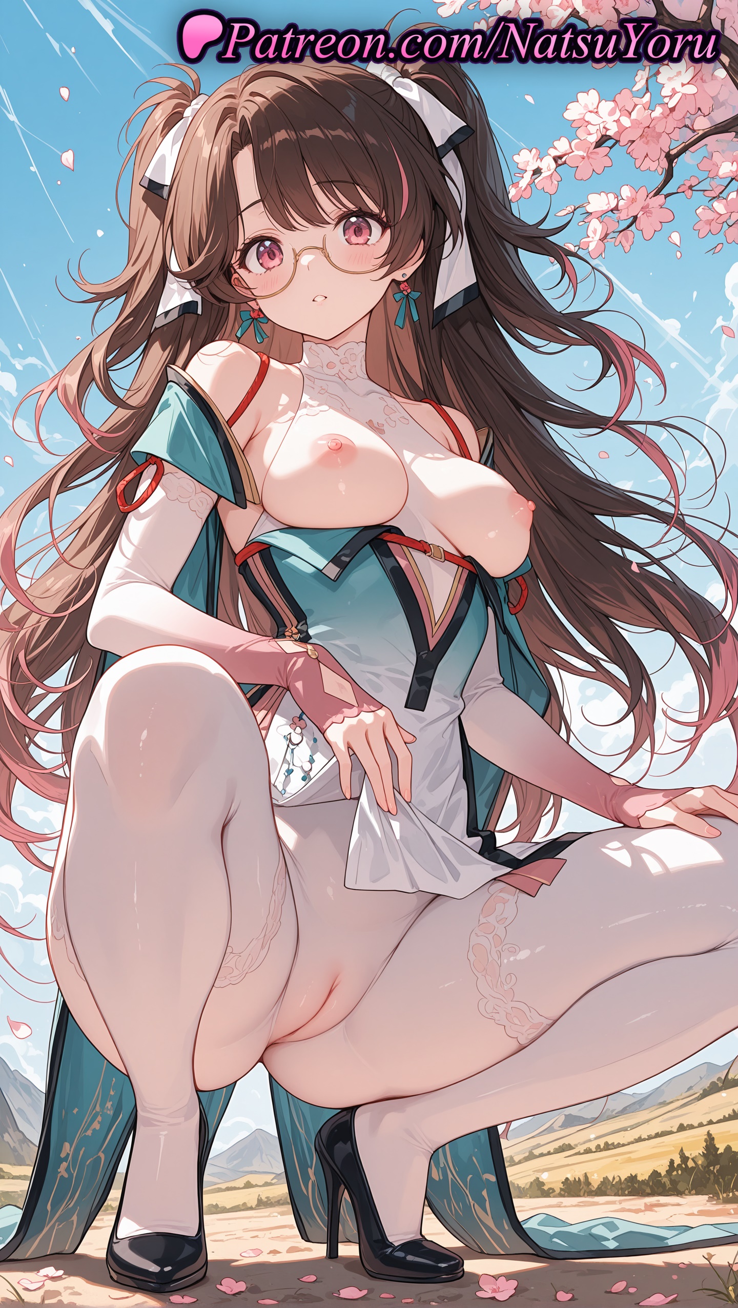 1girls, 2025, ai generated, bangs, bare shoulders, black footwear, blue sky, breasts, brown hair, chinese clothes, clothes lift, dress, earrings, east asian, female, female only, glasses, hi res, high heels, highres, jewelry, long hair, looking at viewer, medium breasts, natsuyoru, nipples, no panties, outdoors, parted lips, patreon, pelvic curtain, pussy, sky, solo, spread legs, squatting, thighhighs, two side up, uncensored, vagina, voluptuous, voluptuous female, white thighhighs, wuthering waves, zhezhi (wuthering waves)