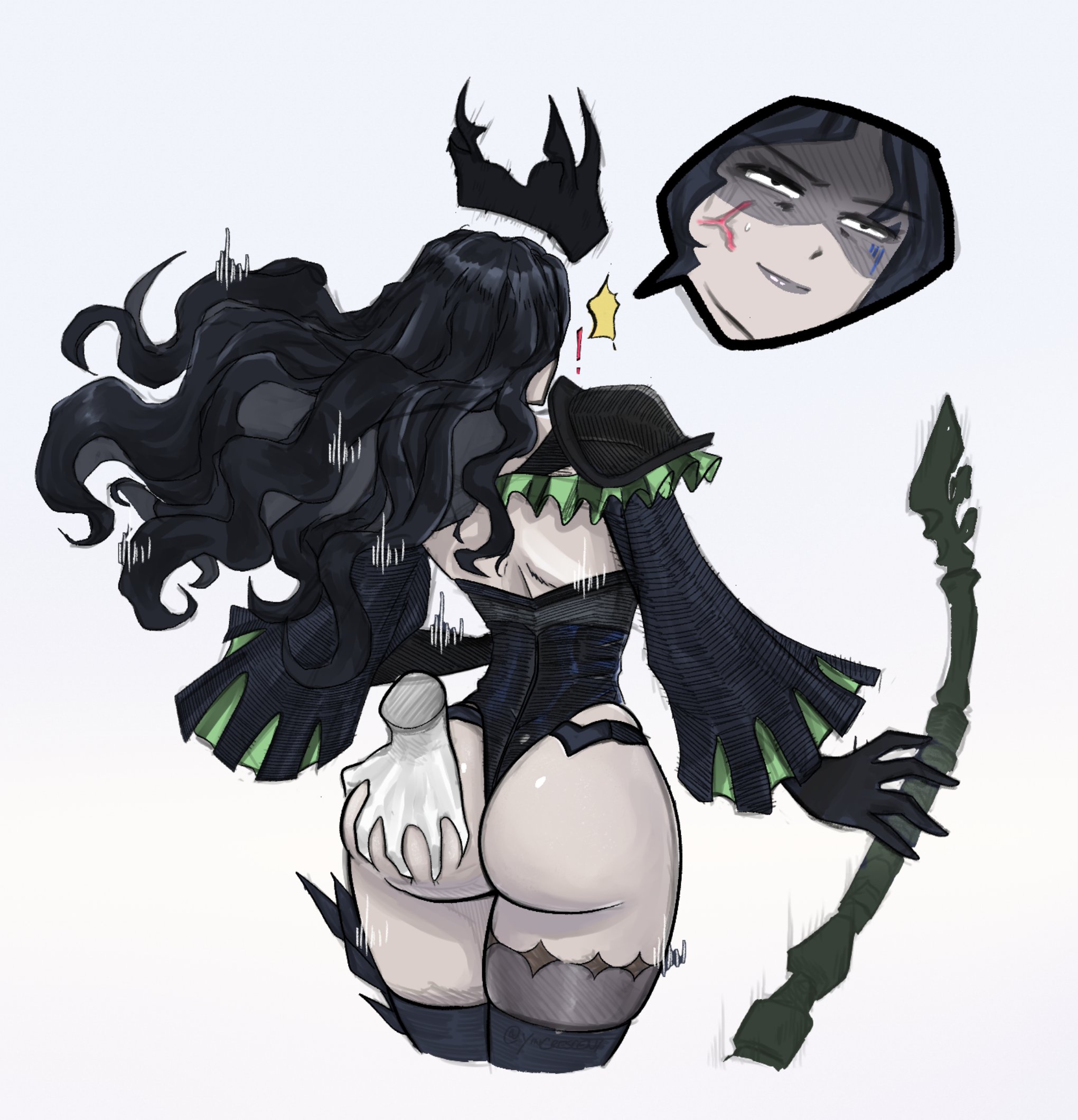 !, 1girls, 1other, afk (series), afk journey, ambiguous gender, annoyed, ass, ass grab, big ass, big butt, black hair, black-haired female, bonnie (afk), clothed, clothes, clothing, dubious consent, fat ass, fat butt, female, grab, grabbing, grabbing ass, grabbing from behind, groping, groping ass, groping from behind, leotard, long hair, offscreen character, shocked, stocking, surprised, thick ass, thick butt, thigh highs, thighhighs, thighs, yincrescent