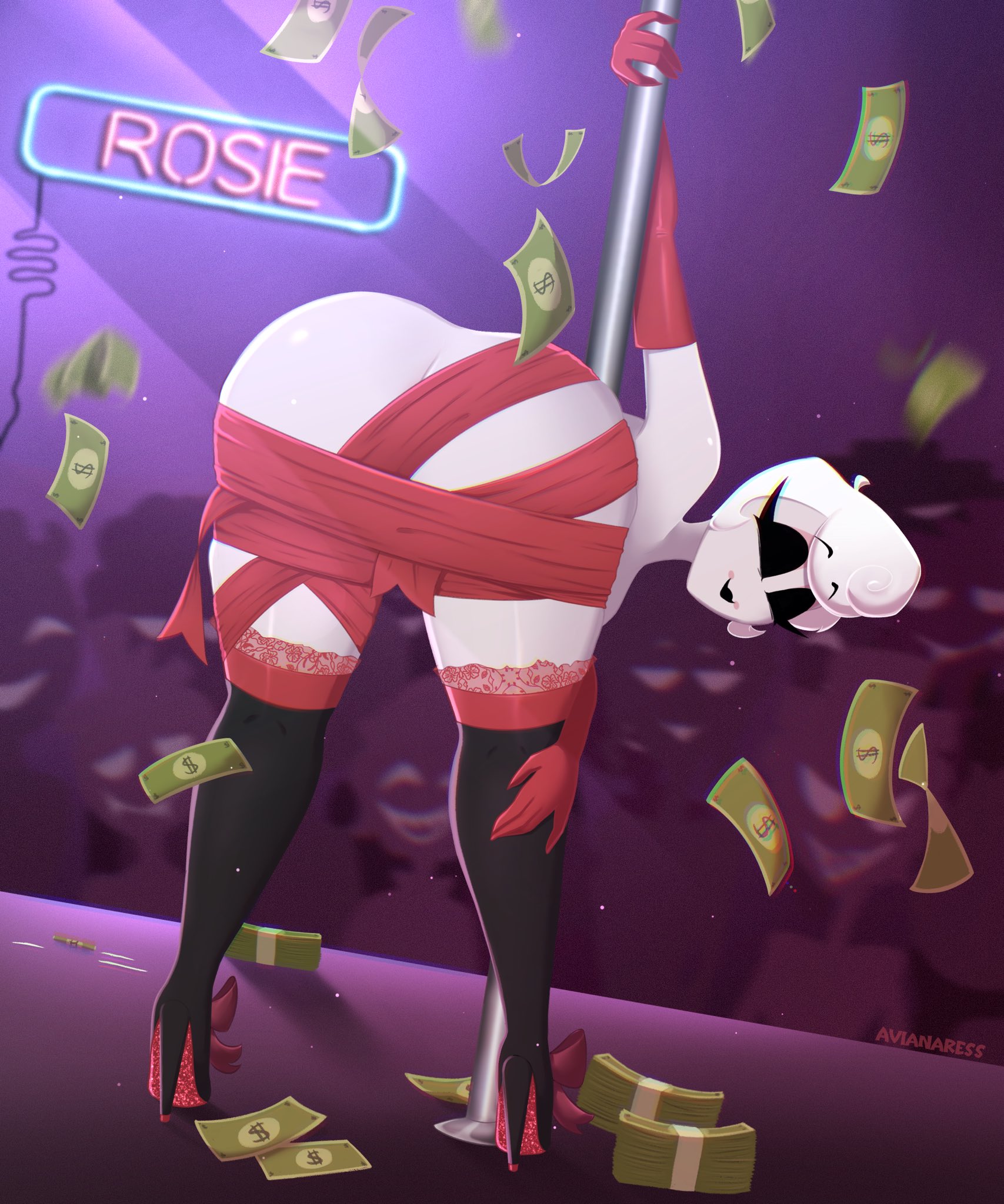 ass, avianaress, big ass, demon, demon girl, female, hazbin hotel, high heels, large ass, money, pale skin, rosie (hazbin hotel), short hair, smiling, smiling at viewer, stripper, stripper heels, stripper pole, stripping, thighhighs, white hair