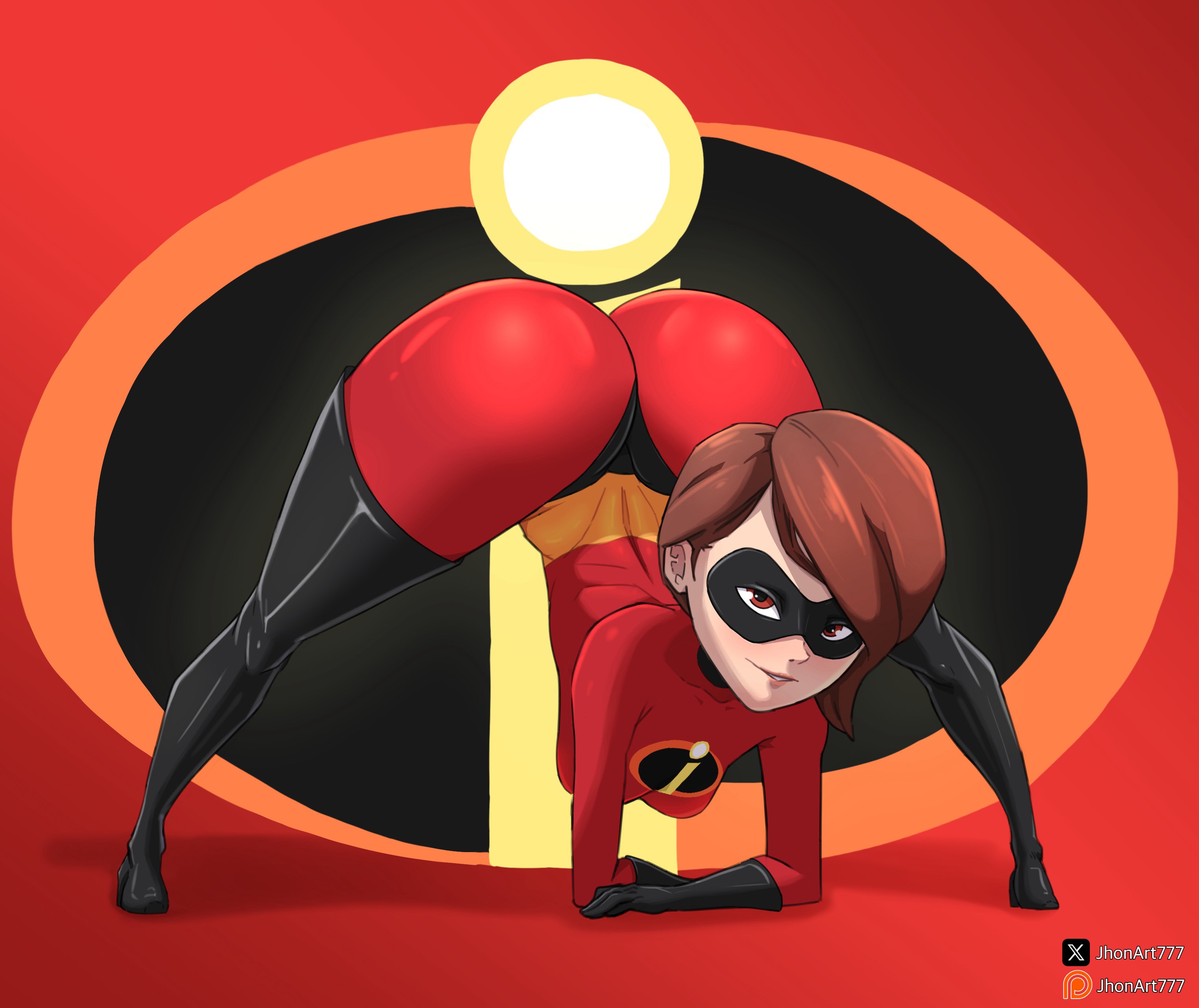 1girl, 1girls, 2d, 2d (artwork), artist name, ass, ass crack, ass crack outline, ass focus, ass up, average breasts, background, big ass, big booty, big butt, black gloves, black thigh boots, black thigh high boots, black thighhigh boots, bodysuit, booty, bottom heavy, bottom heavy female, breasts, brown eyes, brown eyes female, brown hair, brown hair female, brown-eyed female, brown-haired female, bubble ass, bubble butt, butt, butt crack, butt crack outline, butt focus, butt up, cartoon character, clothed, clothed female, color, dat ass, disney, elastigirl, eye mask, female, female ass, female ass focus, female butt, female focus, female only, front view, fully clothed, fully clothed female, girl ass, gloves, helen parr, jack-o pose, jhonart777, large ass, large butt, legs, light skin, light-skinned female, logo in background, mask, masked, masked female, milf, multicolored bodysuit, pale skin, pale-skinned female, parted lips, patreon, patreon logo, pawg, pixar, pose, red background, red bodysuit, shadow, smile, smiling, smiling at viewer, solo, solo female, solo focus, subtle smile, superhero costume, superheroine, teeth, teeth showing, the incredibles, thick thighs, thigh high boots, thighhigh boots, thighs, top down, top down bottom up, western cartoon, x (social media), x logo