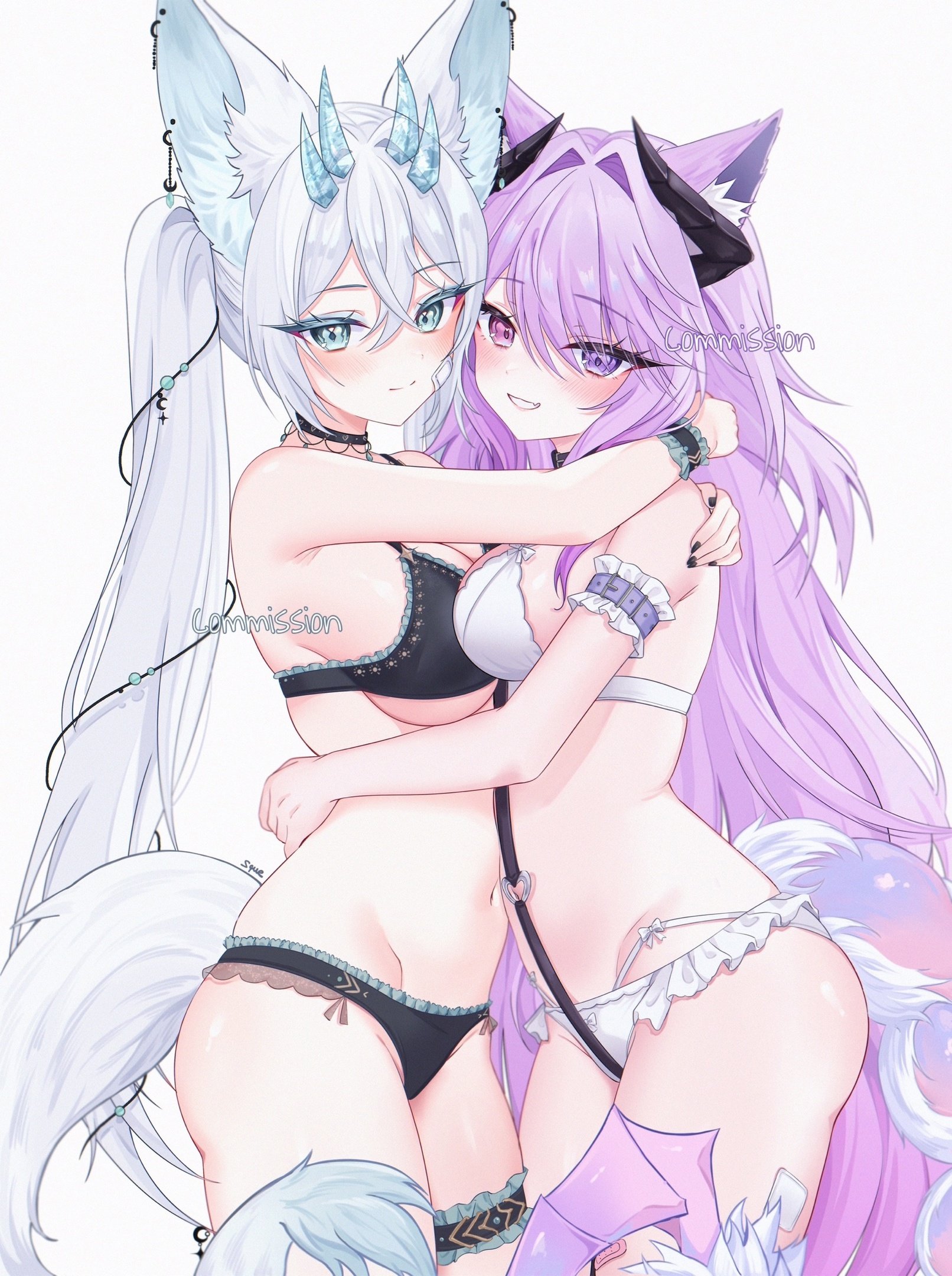 2girls, accessory, bikini, cat ears, female, fluffy ears, fluffy tail, horn, hugging, ice, long hair, looking at viewer, panties, pink eyes, purple eyes, purple hair, underwear, virtual youtuber, vtuber, white background, white hair, zxcsque