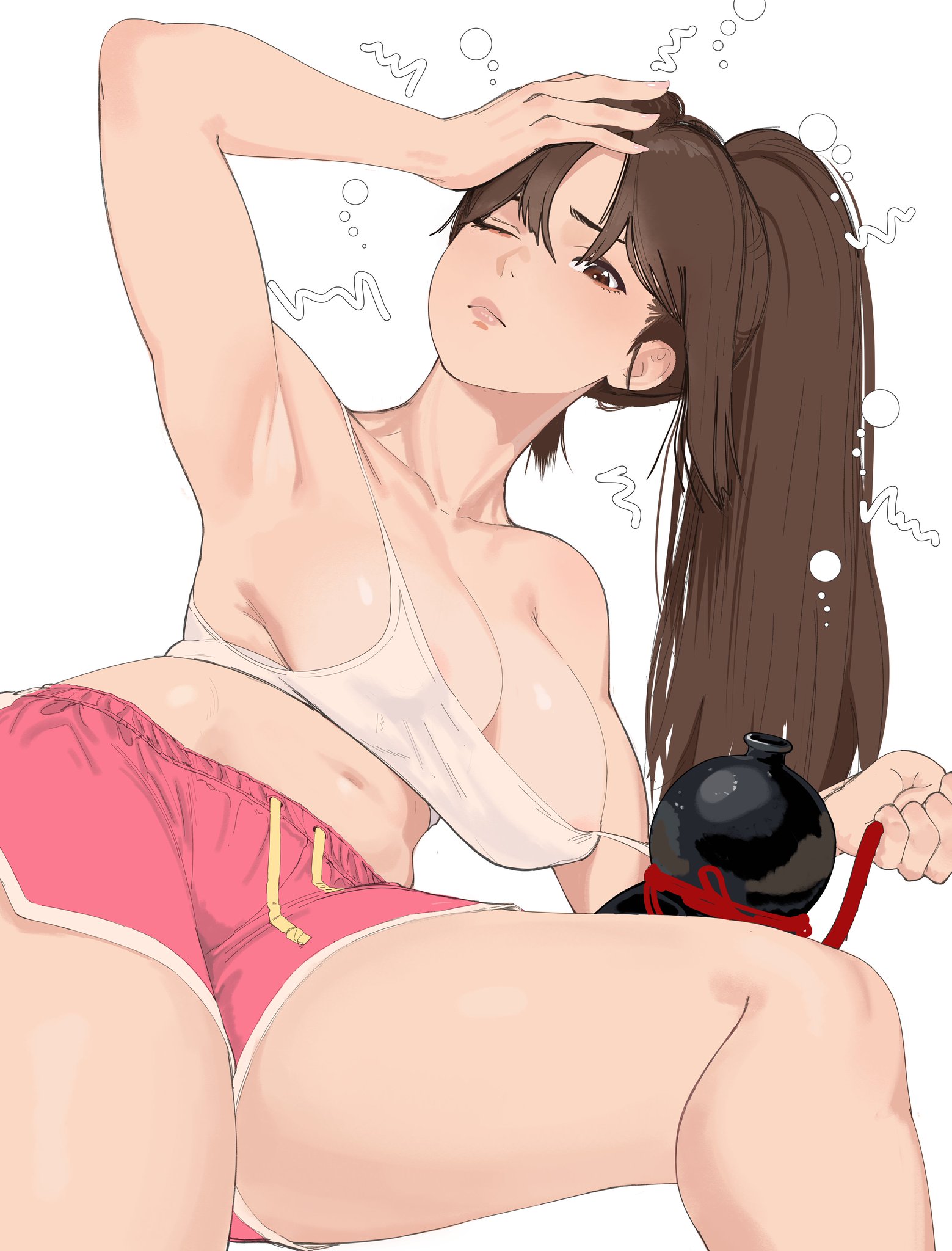 alternate costume, ass, big breasts, big nipples, big thighs, breasts, brown hair, clothing, curvy, curvy female, curvy hips, fatal fury, female, female focus, female only, human, human female, human only, light skin, light-skinned female, long hair, looking at viewer, mai shiranui, mai shiranui (casual), nipples, nipples visible through clothing, puraraw, snk, solo, solo female, thighs