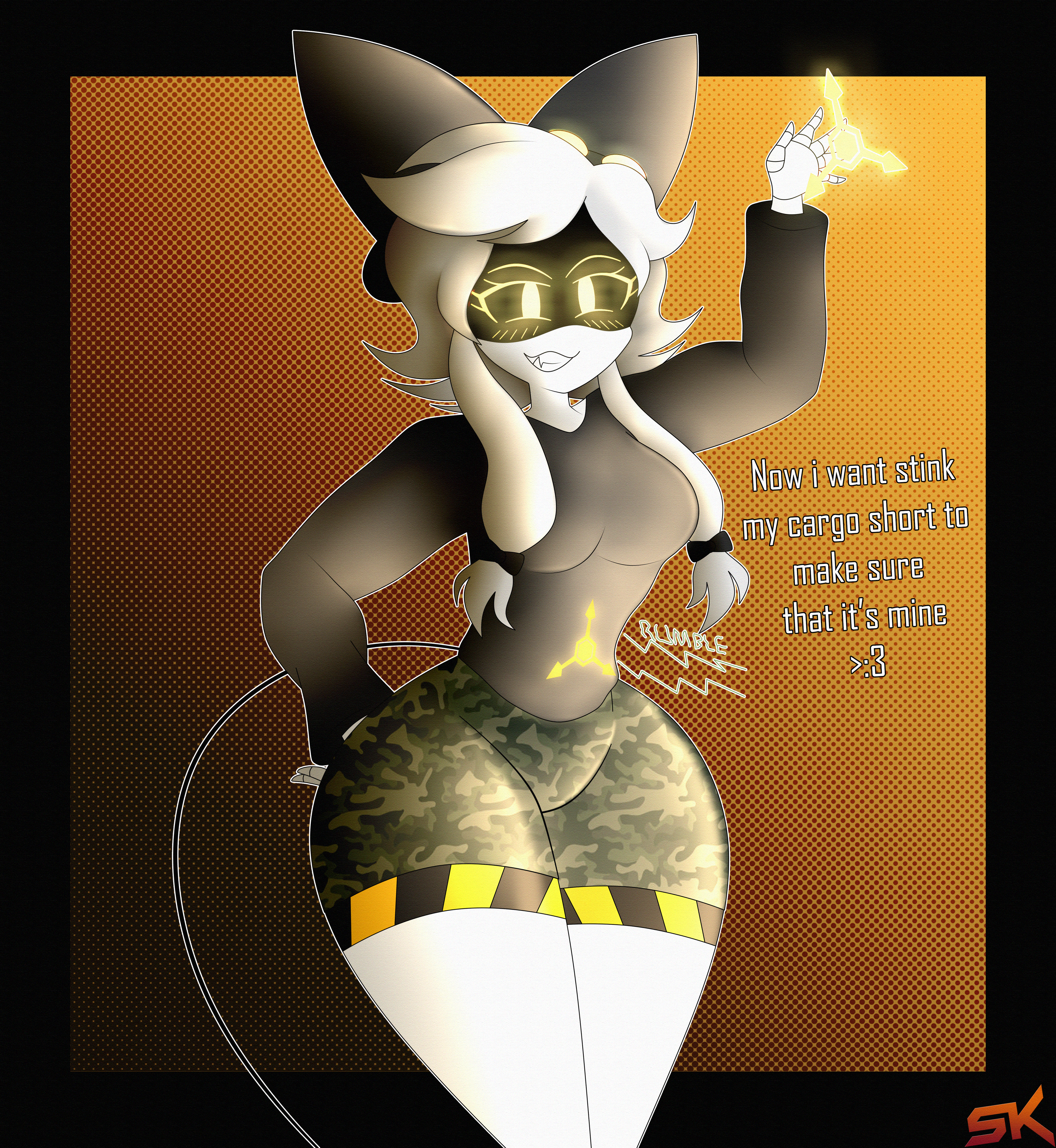 :3, 1girls, 2025, adorable, artist logo, ass, belly ache, belly growl, belly noises, breasts, cargo pants, cargo shorts, clothing, curvy, cyn (murder drones), dialogue, disassembly drone, fart, female, female only, furry murder drone, glitch productions, hairbow, happy, hips, humanoid, imminent fart, murder drones, n (murder drones), nyrezu, one eye closed, robot, robot girl, robot humanoid, silver hair, smile, stomach ache, stomach growling, stomach gurgle, stomach noises, thick ass, thick thighs, thighs, wholesome, wide hips, wink, yellow eyes
