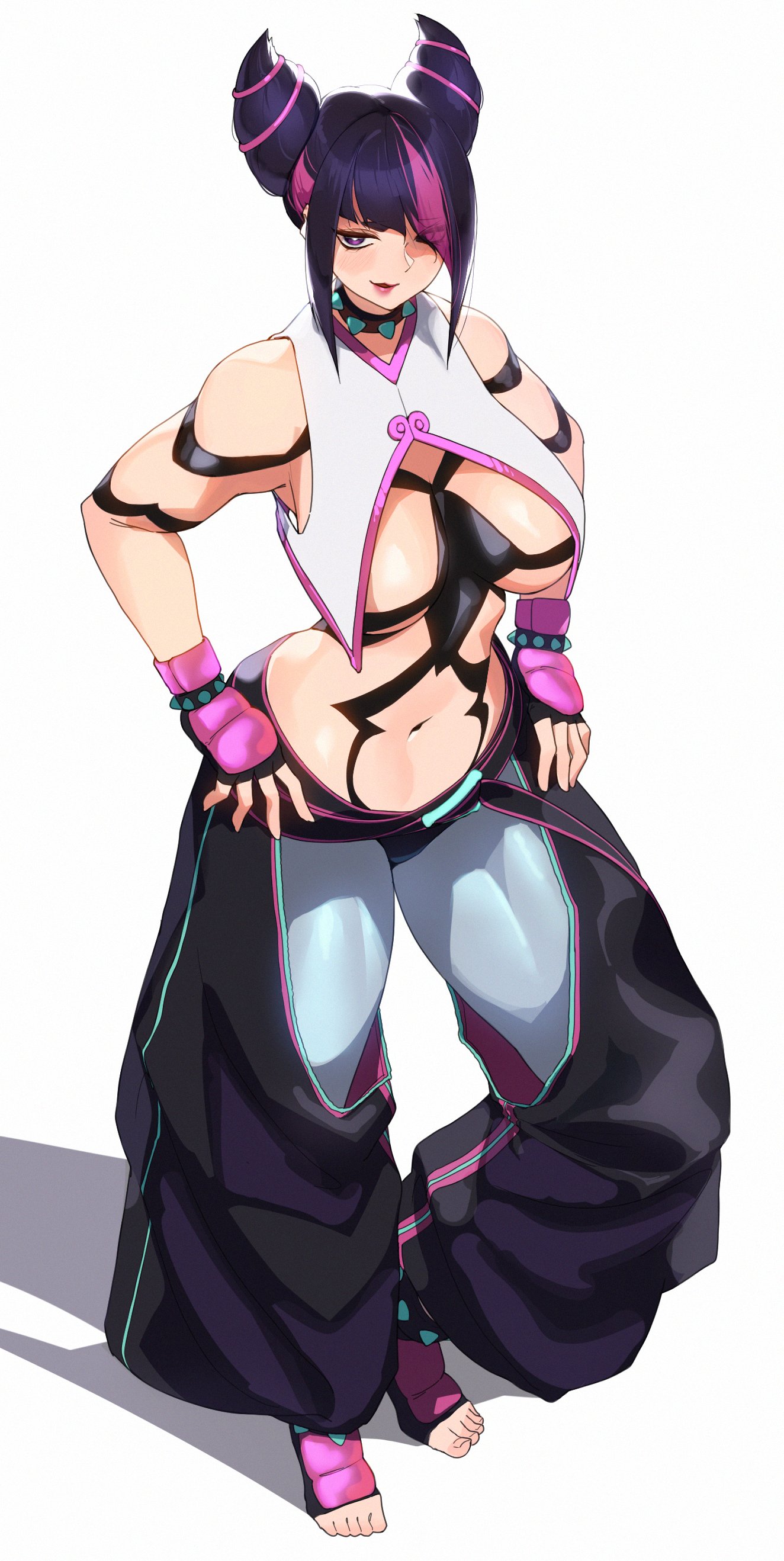 1girls, black hair, blush, bracelet, breasts, collar, eyes visible through hair, feet, female, female only, fingerless gloves, full body, gloves, hair horns, hands on own hips, jewelry, juri han, large breasts, looking at viewer, monoi daru, navel, one eye covered, pants, smile, spiked bracelet, spiked collar, spikes, street fighter, street fighter 6, sukai 222, toeless legwear, white background