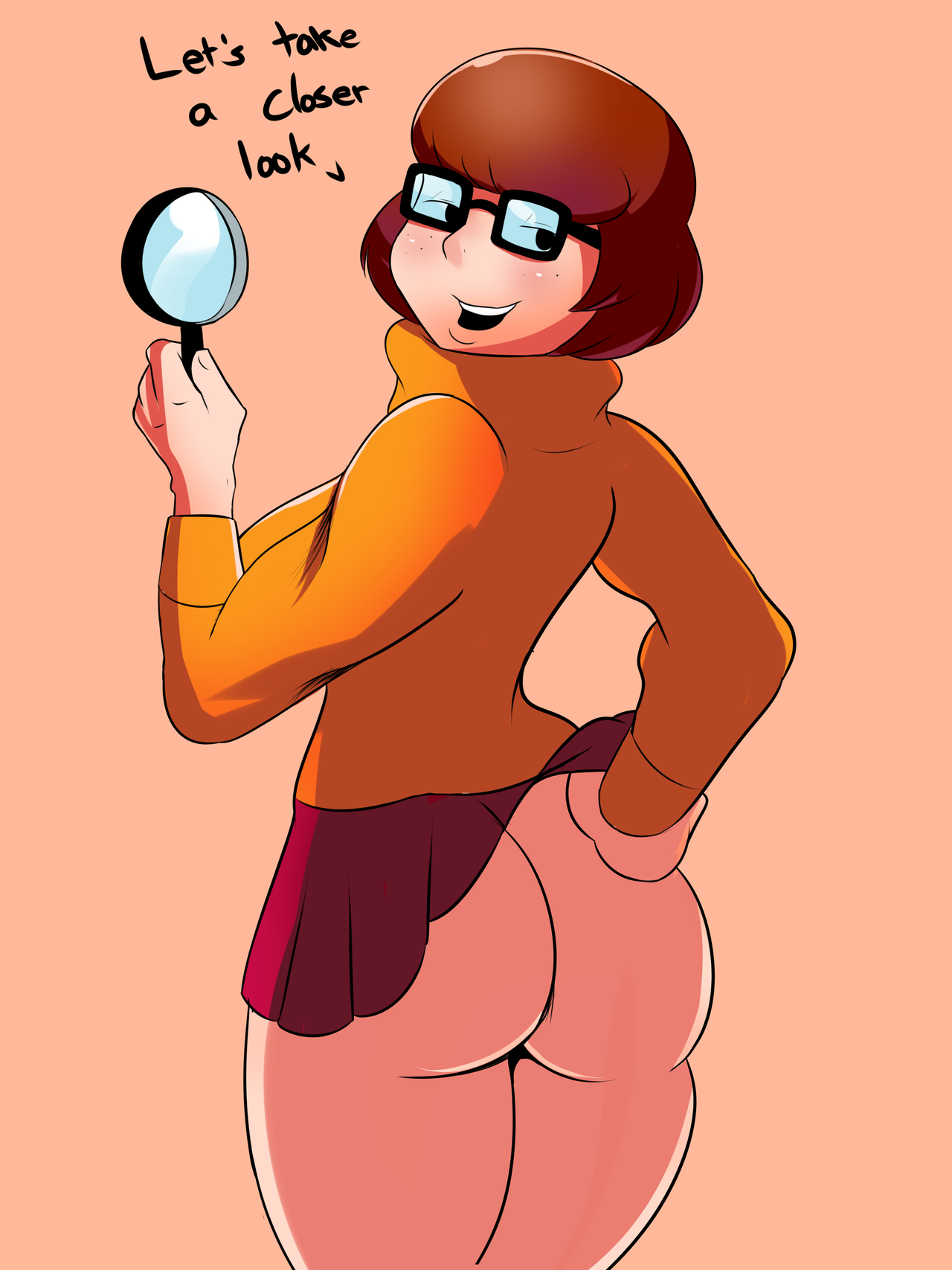 ass, back view, fat ass, female, female only, hanna-barbera, large ass, no panties, scooby-doo, scrabble007, short skirt, skirt lift, solo, text, velma dinkley