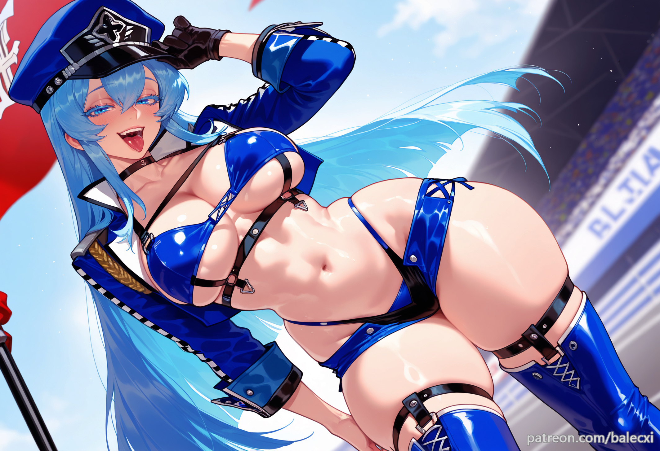 ai generated, akame ga kill!, balecxi, black choker, black gloves, blue bikini, blue eyes, blue hair, blue headwear, breasts, esdeath (akame ga kill!), female, hat, jacket, large breasts, long hair, looking at viewer, navel, official alternate costume, peaked cap, race queen, solo, swimsuit, thighs, tongue, tongue out, underboob
