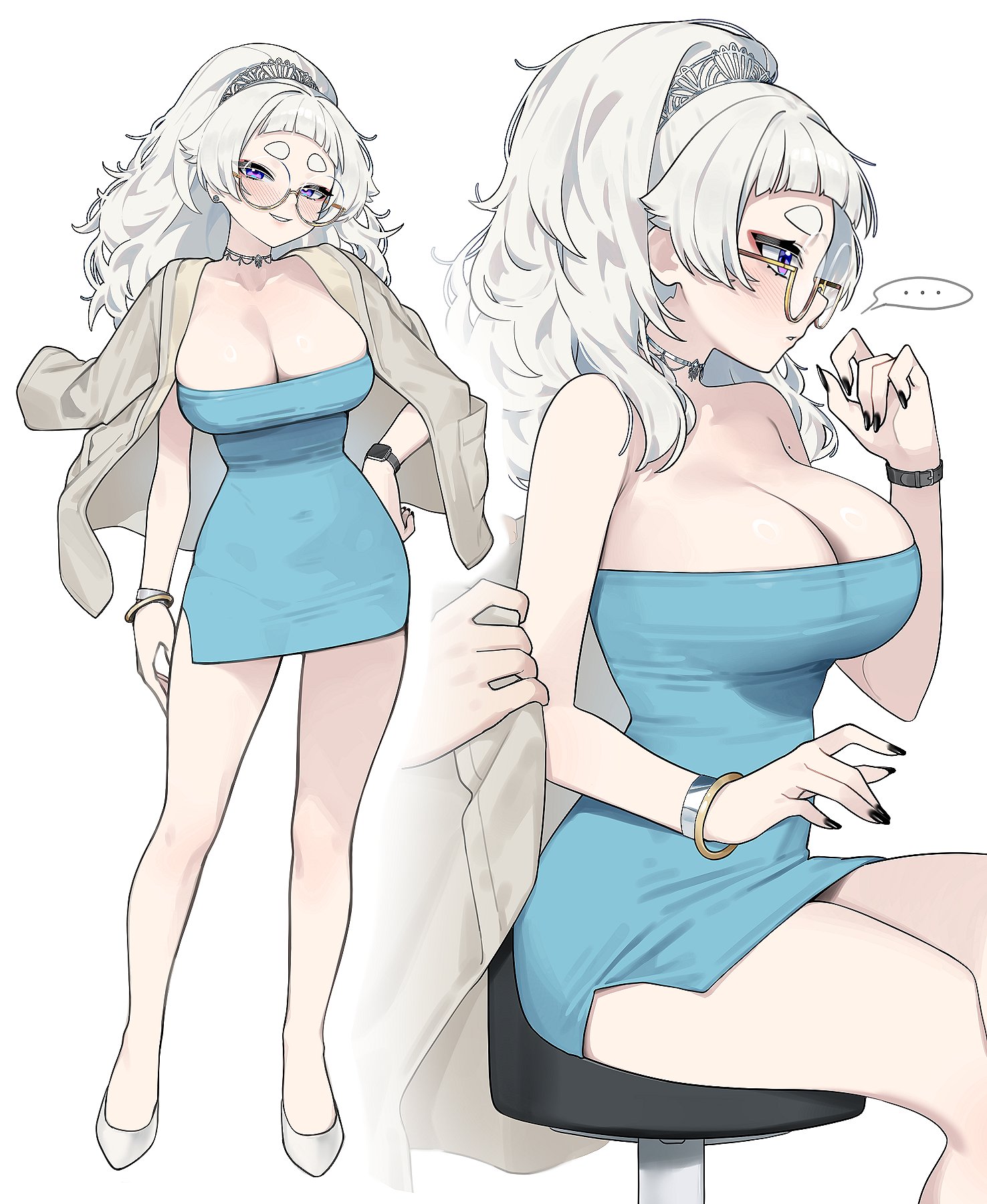 1girls, black nails, blue dress, blush, bracelet, breasts, cleavage, colored eyelashes, dress, earrings, female, female only, full body, fully clothed, glasses, hair ornament, highres, jacket, jacket on shoulders, jewelry, jewlery, large breasts, long fingernails, long nails, makeup, meg (wakamepiza), minidress, multiple views, nail polish, necklace, original, painted fingernails, painted nails, purple eyes, short dress, simple background, sitting, smile, solo, strapless, strapless dress, thick eyebrows, tight clothing, tube dress, wakamepiza, watch, wearing glasses, white background, white eyelashes, white hair, white jacket