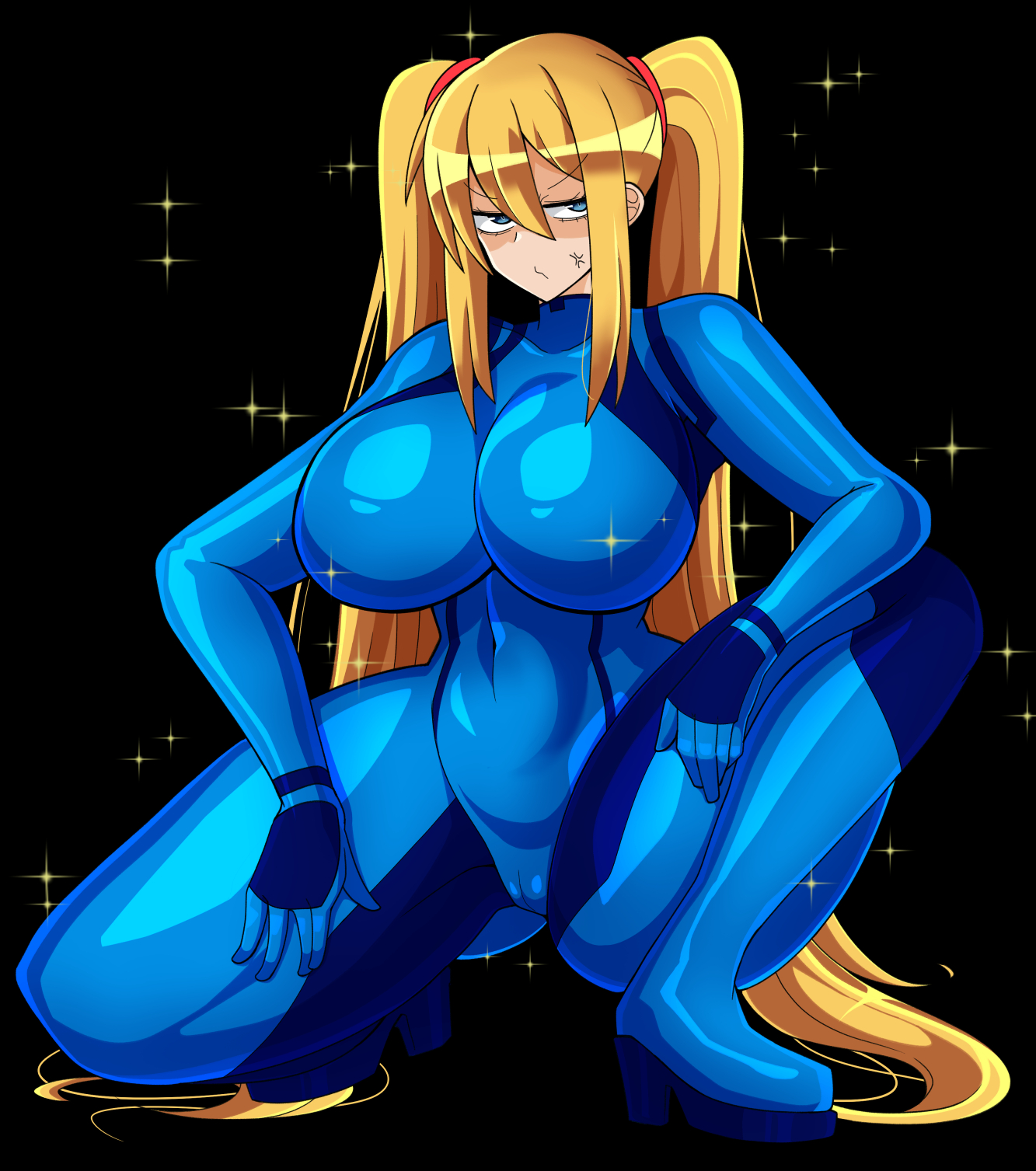 big boobs, big breast, big breasts, blonde, blonde female, blonde hair, blonde-haired female, blue eyes, bodysuit, breasts, female, female only, fully clothed, huge breasts, iriomote umineko, large breast, large breasts, long hair, metroid, nintendo, samus aran, shiny clothes, thick thighs, tight clothing, twin tails, twintails, zero suit, zero suit samus
