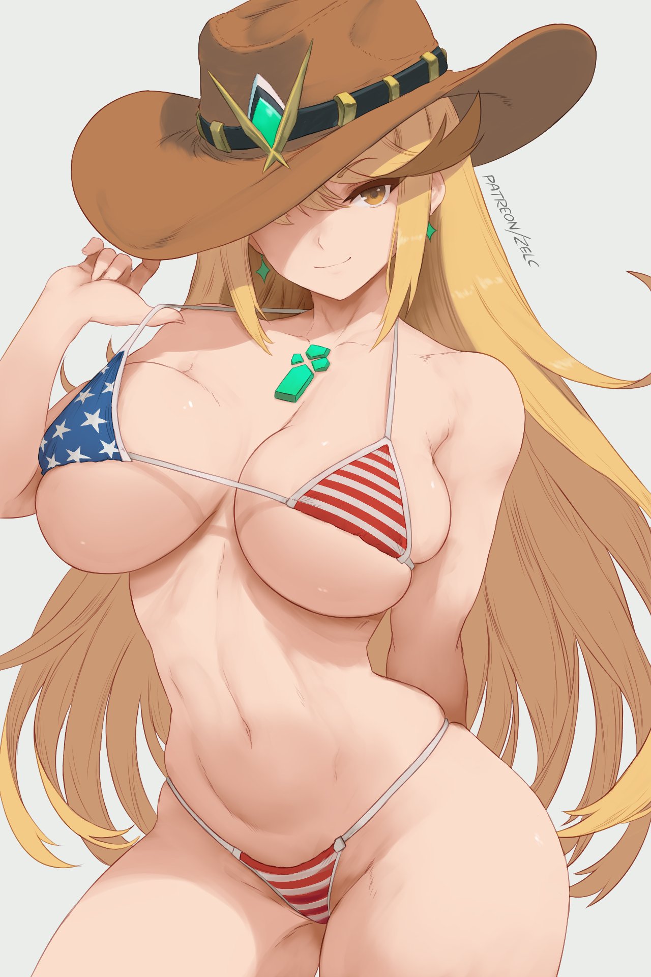 1girls, american flag bikini, big breasts, bikini, bikini bottom, bikini top, blonde hair, bottomwear, breasts, cleavage, cowboy hat, ear piercing, earrings, female, female only, hair, hat, headwear, hips, huge breasts, long hair, mythra, one eye closed, smile, solo, solo female, swimwear, thick thighs, thighs, topwear, wide hips, xenoblade (series), xenoblade chronicles 2, yellow eyes, zelc-face