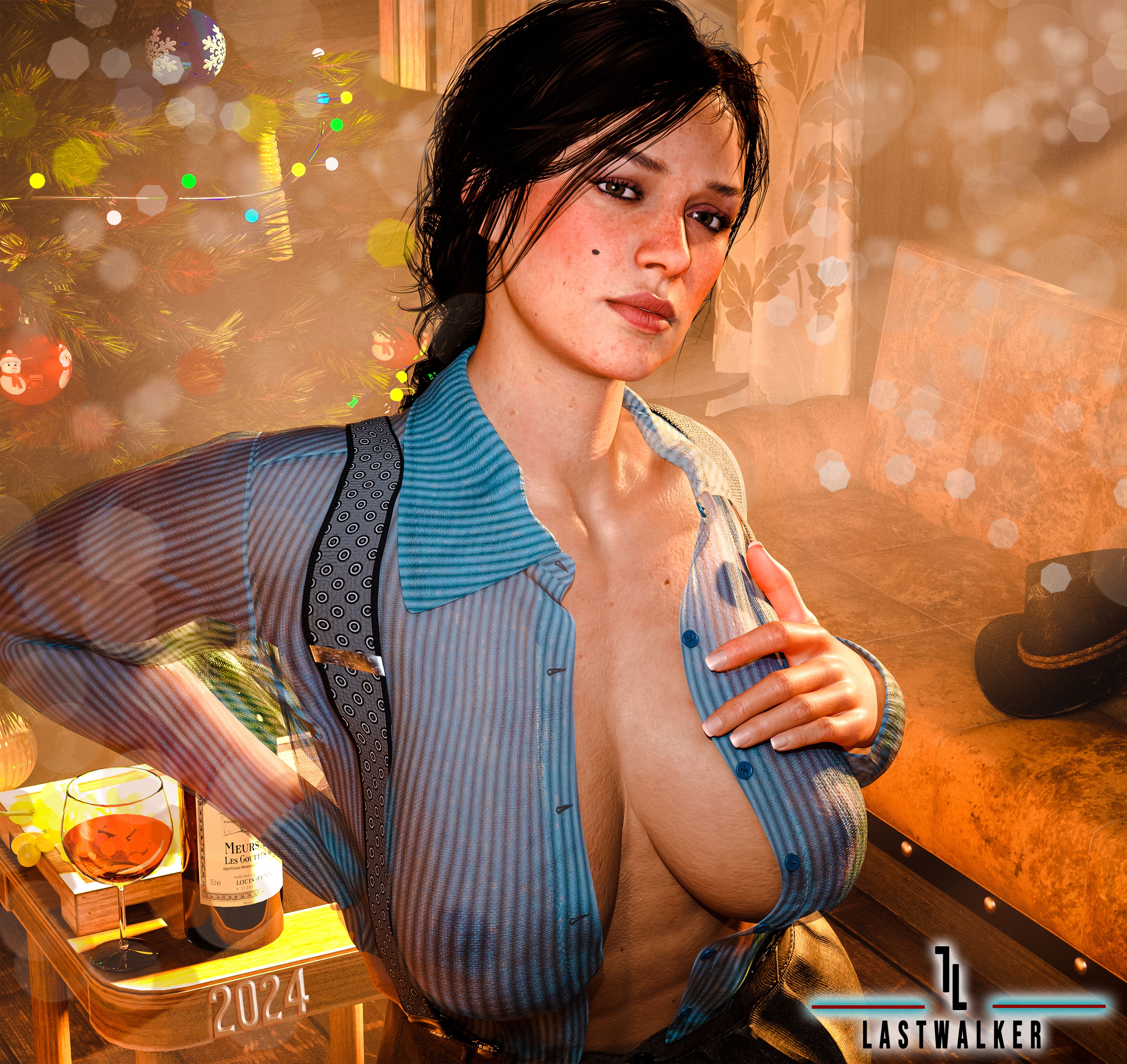 1girls, 3d, beauty mark, big breasts, breasts, christmas, christmas tree, female, female only, lastwalkernsfw, mary linton, new year, nipples, nipples visible through clothing, red dead redemption (series), red dead redemption 2, see-through, see-through clothing, solo, solo female, translucent clothing