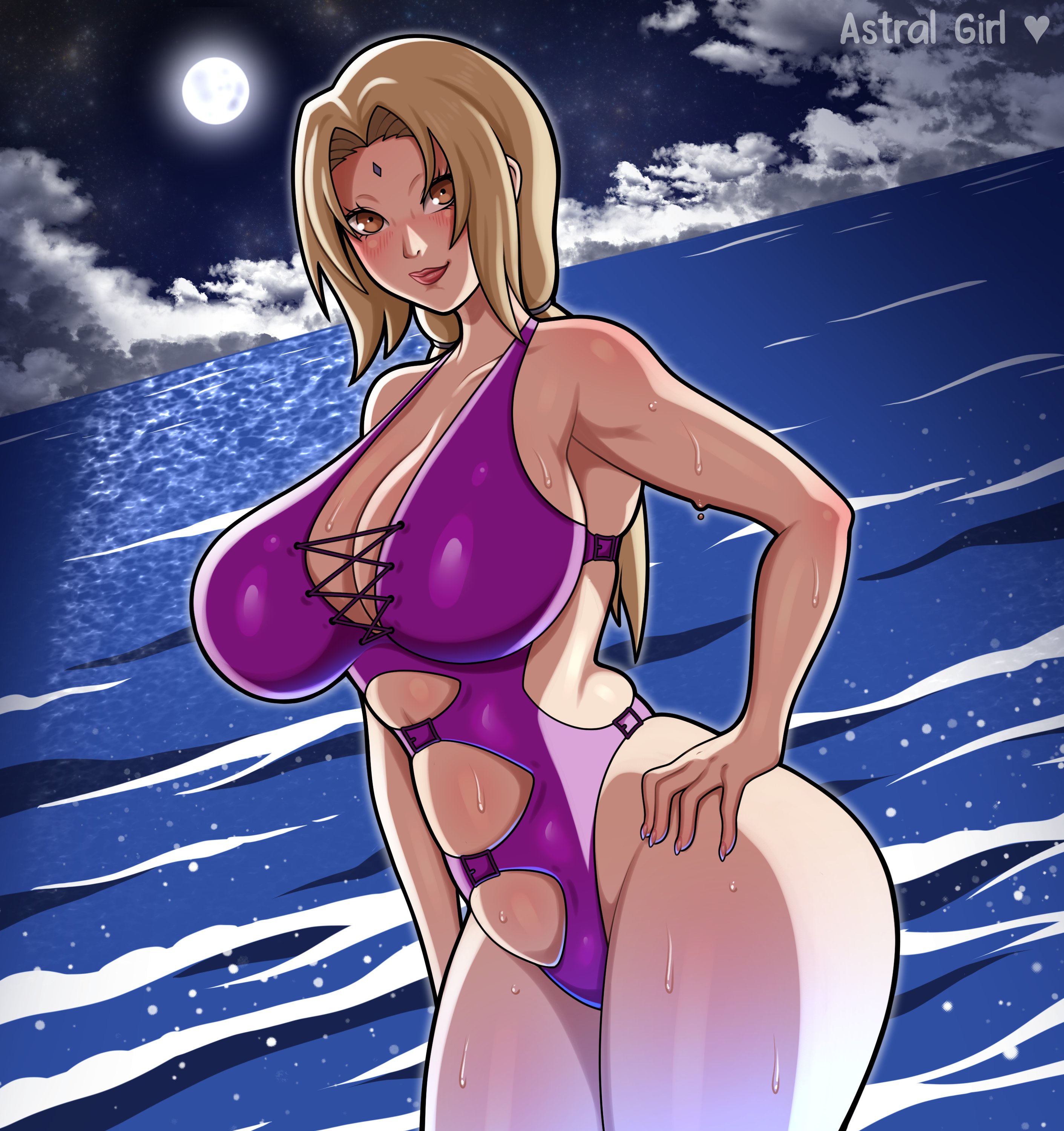 1girls, astral girl, big breasts, blonde hair, blush, breasts, brown eyes, cleavage, female, female only, forehead jewel, hair, hand on hip, hips, huge breasts, lips, mature, mature female, mature woman, milf, nails, naruto, naruto (series), purple swimsuit, smile, solo, solo female, swimsuit, swimwear, thick thighs, thighs, tsunade, water, wet, wet body, wide hips