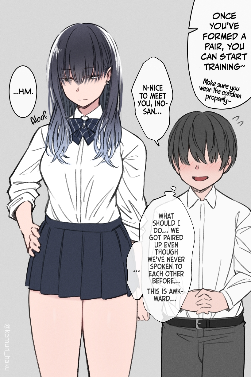 1boy, 1girls, bigger female, black hair, dyed hair, english text, fanbox, height difference, imminent sex, kemuri haku, miniskirt, school uniform, schoolgirl, short skirt, skirt, tall female, taller female, text, thick thighs, thighs, young