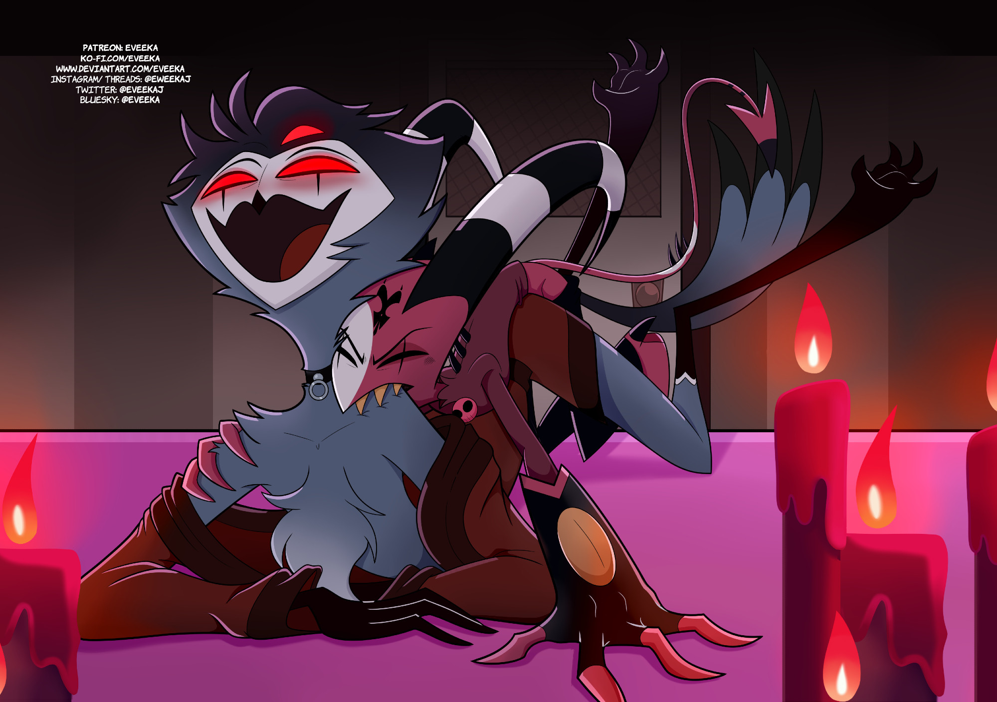 2025, 2boys, anal, anal sex, artist name, biting, biting shoulder, blitzo (helluva boss), collar, demon, demon tail, digital media (artwork), english text, eveeka, gay, glowing eyes, grey body, hard sex, helluva boss, horns, imp, male, pants around thighs, pants down, red body, red eyes, robe, robe only, rough sex, sharp teeth, speech bubble, spindlehorse toons, stolas (helluva boss), tail, uncensored, url, yaoi