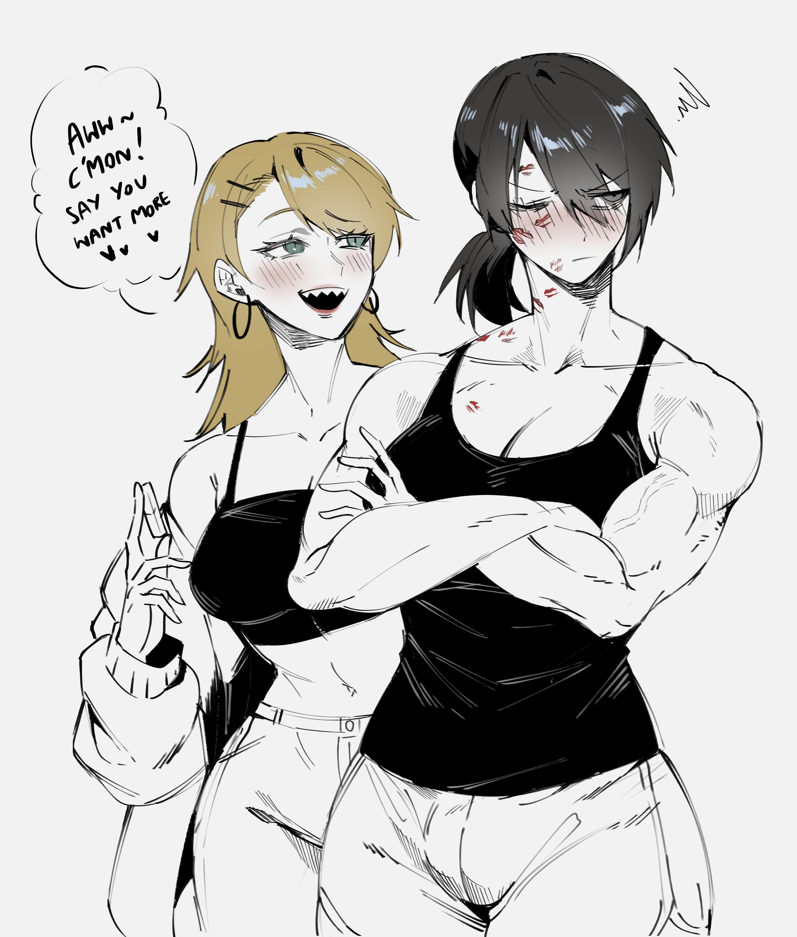 black eyes, blonde, blonde female, blonde hair, blonde hair female, blushing, blushing female, clothed, clothed female, couple, couple (romantic), embarrassed, female, green eyes, kazuya (kozun), kiss mark, lipstick mark, lipstick marks, muscles, muscular, muscular female, one eye closed, original, simple background, white background, wholesome, yuri