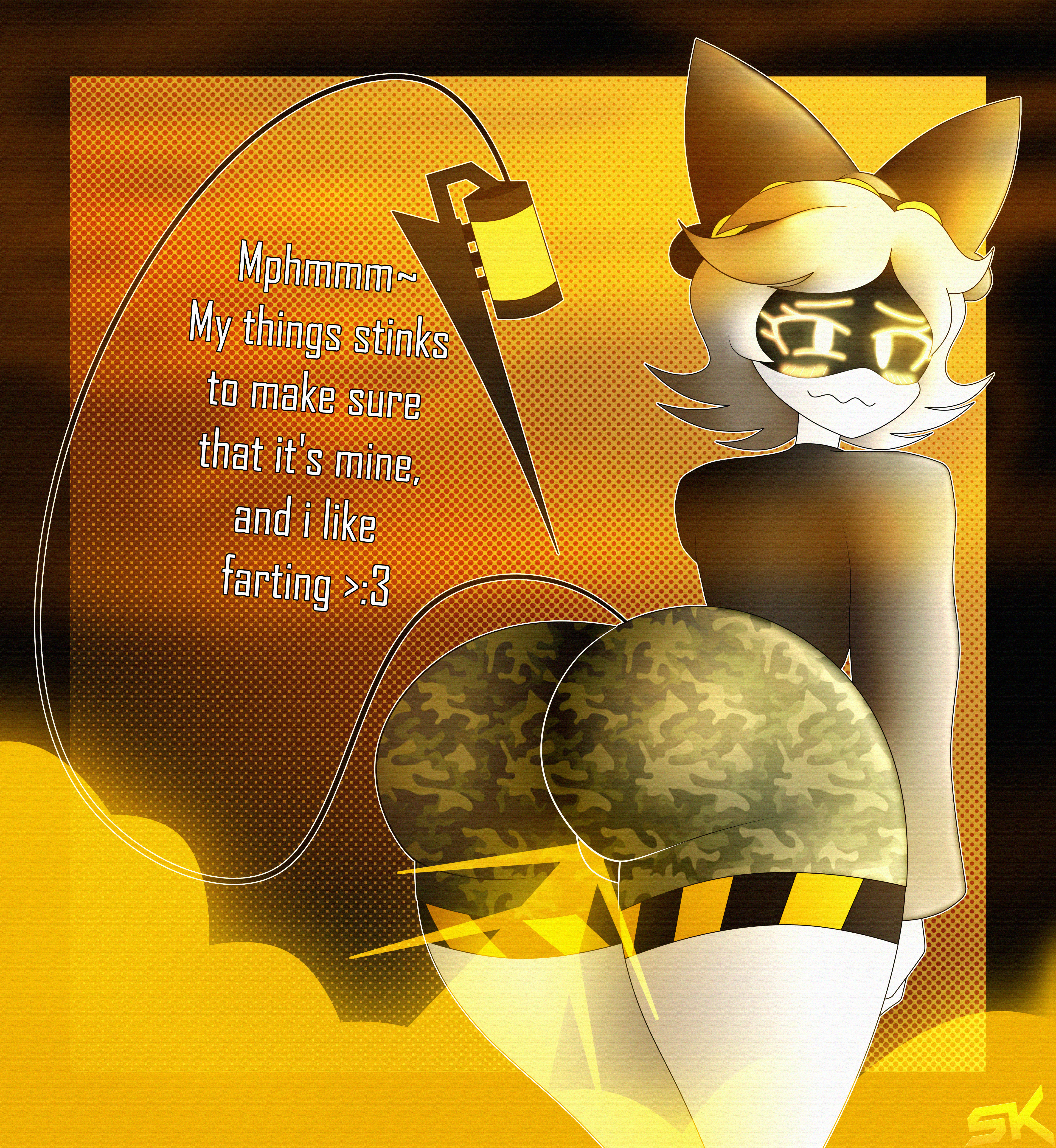 :3, 1girls, 2025, adorable, artist logo, ass, breasts, cargo pants, cargo shorts, clothing, curvy, cyn (murder drones), dialogue, disassembly drone, fart, fart cloud, fart everywhere, fart fetish, farting, farts, female, female only, furry murder drone, glitch productions, hairbow, happy, hips, humanoid, murder drones, n (murder drones), nyrezu, one eye closed, robot, robot girl, robot humanoid, silver hair, smile, stinky, stinky ass, stinky butt, stinky fart, thick ass, thick thighs, thighs, wholesome, wide hips, wink, yellow eyes, yellow fart, yellow fart cloud
